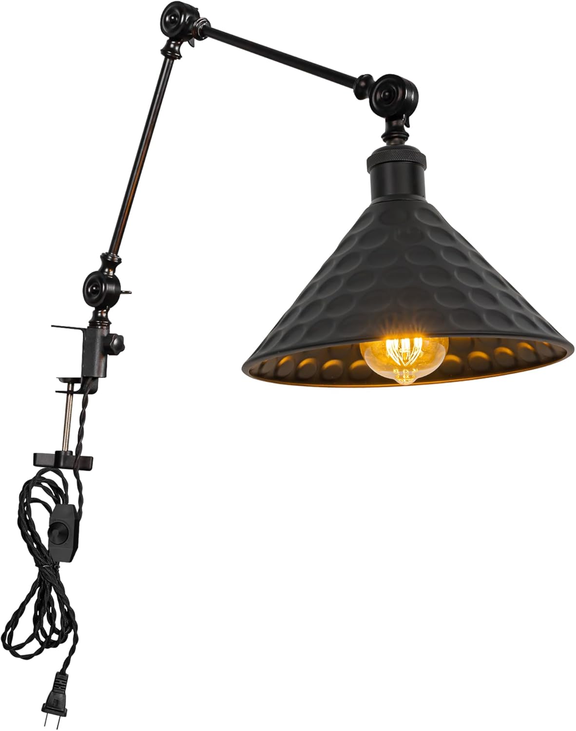 Kiven Dimmable Clip-on Desk Lamp, 1-Light Black Farmhouse Nightstand Lamp with Flexible Swing Arm, 8.2FT Plug in Cord, Decorative Clamp Lamp for Office Bookshelf Cabine DZTB2776