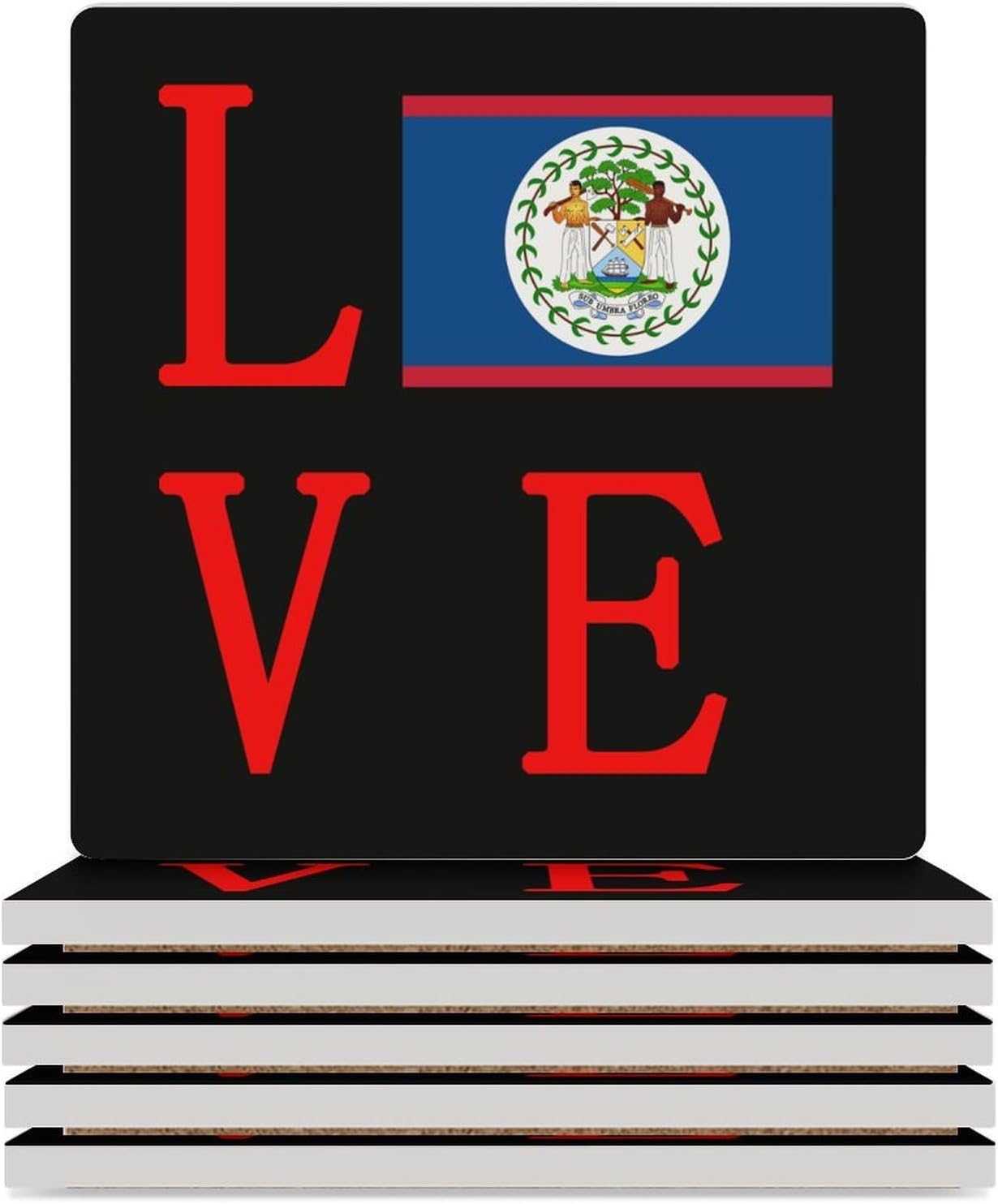 Love Belize Flag Funny Ceramic Coasters for Drink Absorbent Cup Holders Tabletop Protection