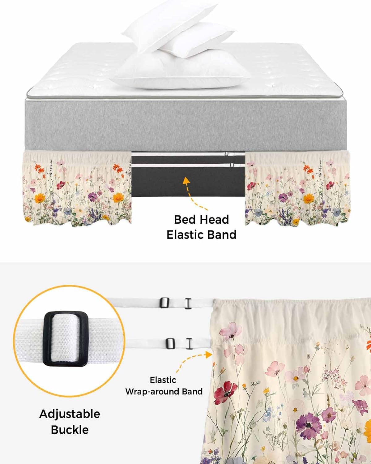 Vintage Spring Floral Bed Skirt King Size 16 Inch Drop, Adjustable Elastic Bedskirt Dust Ruffle for King Size Bed, Summer Botanical Flowers Wrap Around Bed Skirts Pleated Bed Frame Cover