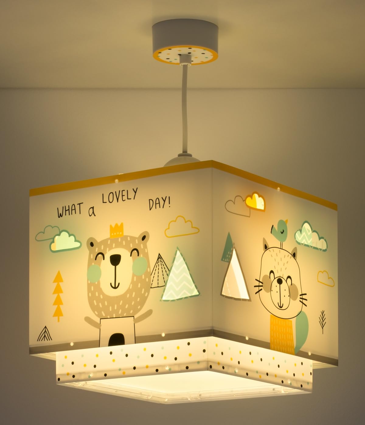 Lampada a sospensione per bambini Dalber Hello Little, con animali del bosco, multicolore, modello 73242M, attacco E27, ideale per la cameretta dei bambini.