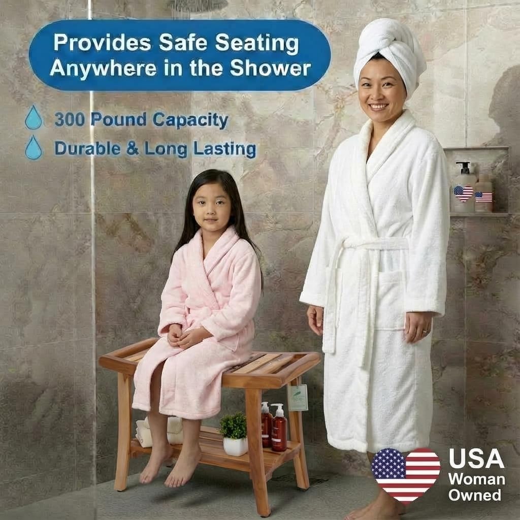 EcoDecors 30 Inch Harmony Natural Color Waterproof Teak Wood Shower Bench Stool Seat Chair For Inside Shower Storage Shelf Provides Safety, Storage, and Organization For Bathroom Accessories