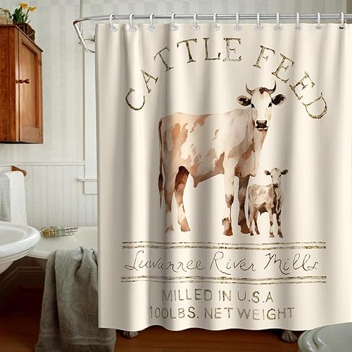 Miniatura 2 de Final Friday Juego de cortinas de ducha de tela rústica con diseño abstracto de animales y vacas, decoración de baño con ganchos, impermeable,