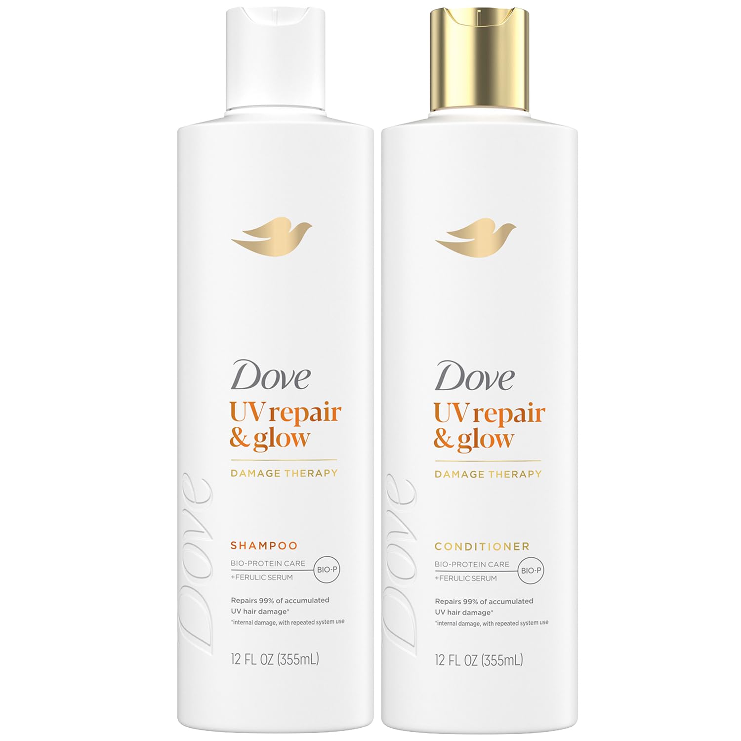 Dove Damage Therapy Shampoo and Conditioner Set – UV Repair & Glow with Ferulic Serum and BioProtein Care, 12 Oz Ea
