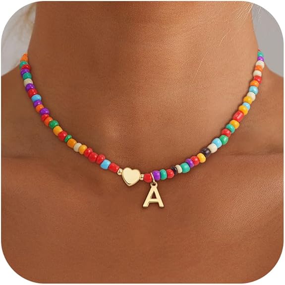 Christmas Gifts for Grandkids Teens Girls - Colorful Beaded Initial Necklace Teen Girl Gifts Trendy Stuff Dainty Letter Choker Necklace Stocking Stuffers for Teen Girls Women Jewelry