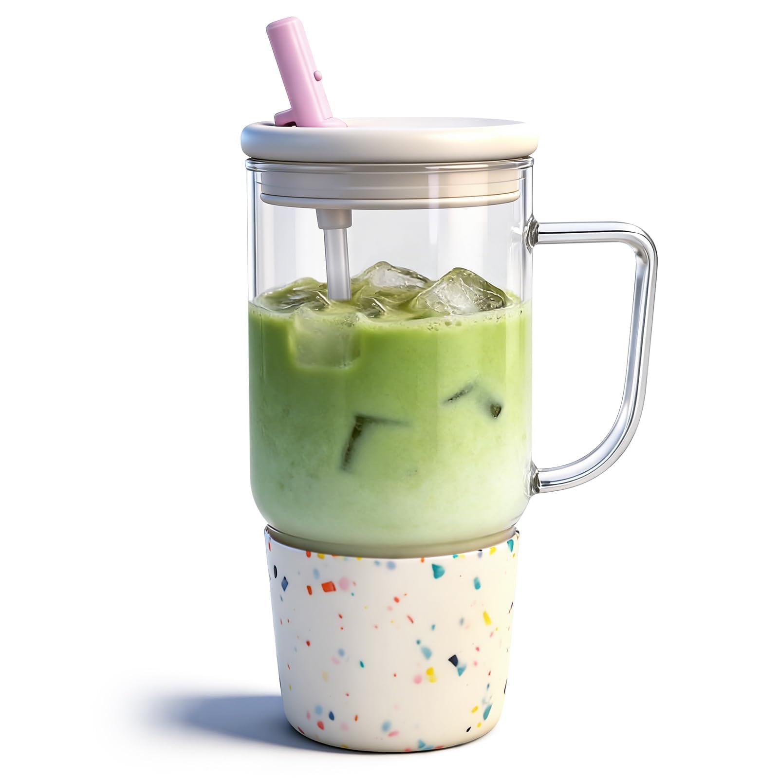 ANOTION Glass Cups with Lids and Straws, 40 Oz Tumbler with Handle, Beige