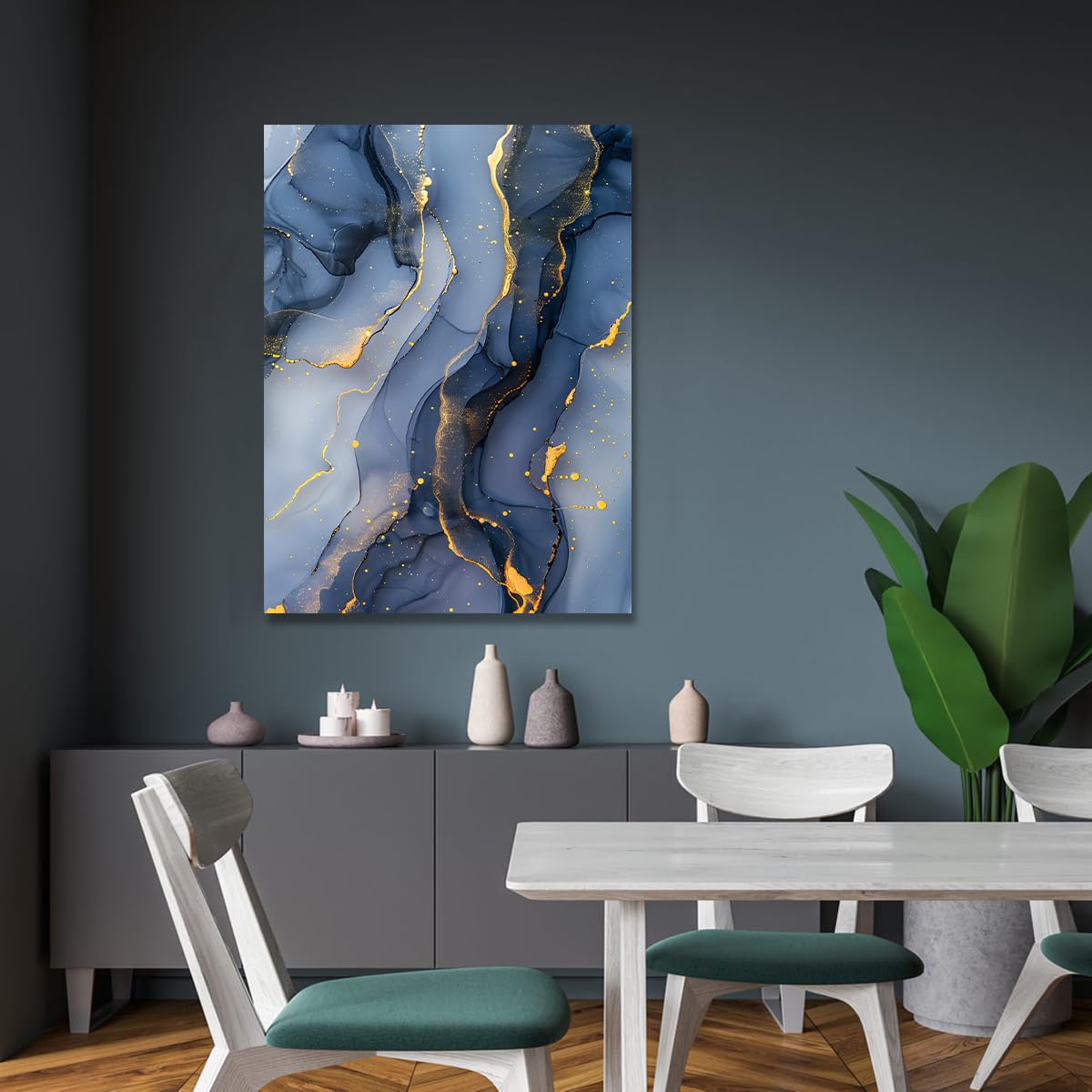 TOANGWALL Elegancka granatowa złota folia abstrakcyjna oprawiona na płótnie sztuka ścienna nowoczesny atrament alkoholowy marmurowy plakat zdjęcia gotowe do powieszenia do jadalni przedpokoju