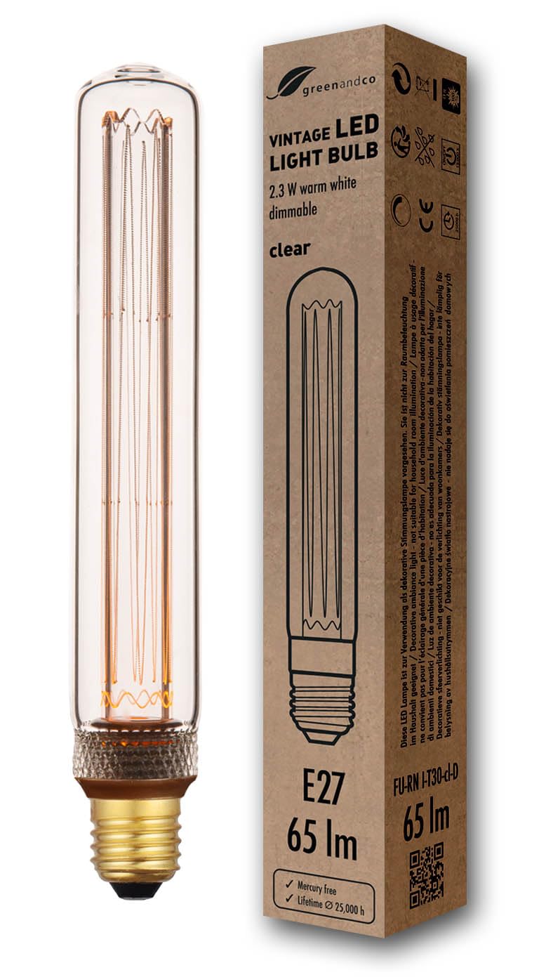 greenandco LED Vintage Glühbirne zur Stimmungsbeleuchtung | dimmbar | E27 T30 | klar | 2,3W 65lm | 1800K extra warmweiß | 320° | 230V | flimmerfrei | Edison Glühbirne