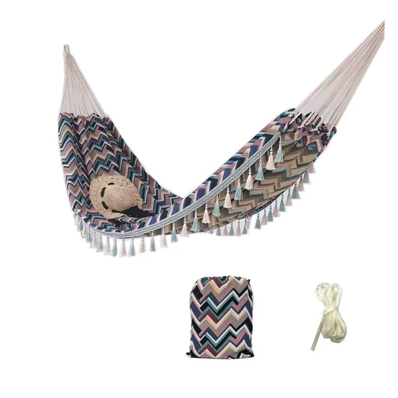 Camping Hammock Double Canvas Swing Outdoor Indoor Suspension Chair Tassel Jacquard Retro Geometry Hammoc(702 hammock tyin)