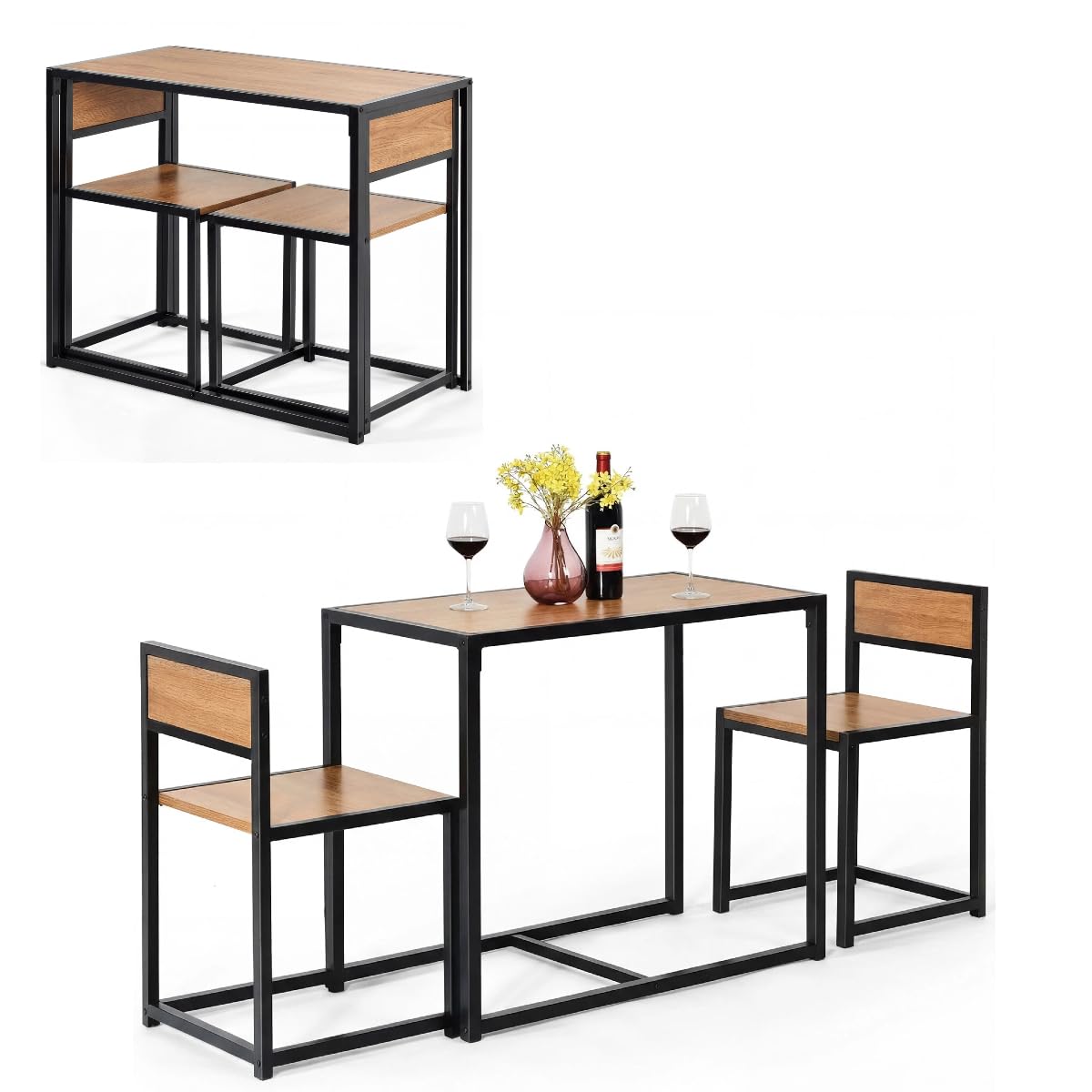 GIANTEX Bartisch Set 3-teilig, Essgruppe Esstisch mit 2 Stühlen, Esszimmergruppe Kleiner Küchentisch Set für 2 Personen, Esszimmer Tisch Bistrotisch Set Sitzgruppe, Küchenbar Sitzgruppe (Natur)