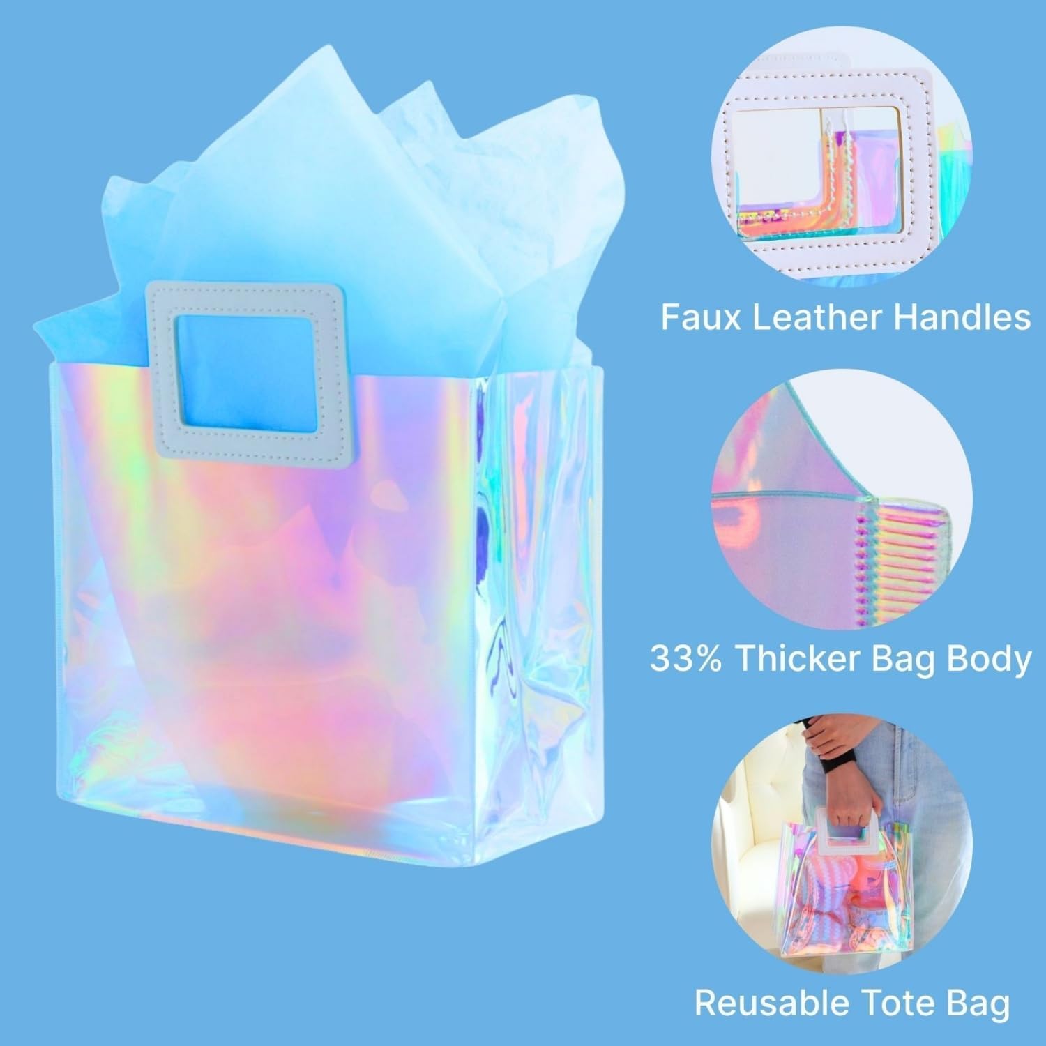 11'' Holographic Medium Gift Bag with Tissue Paper(SkyBlue) image 4