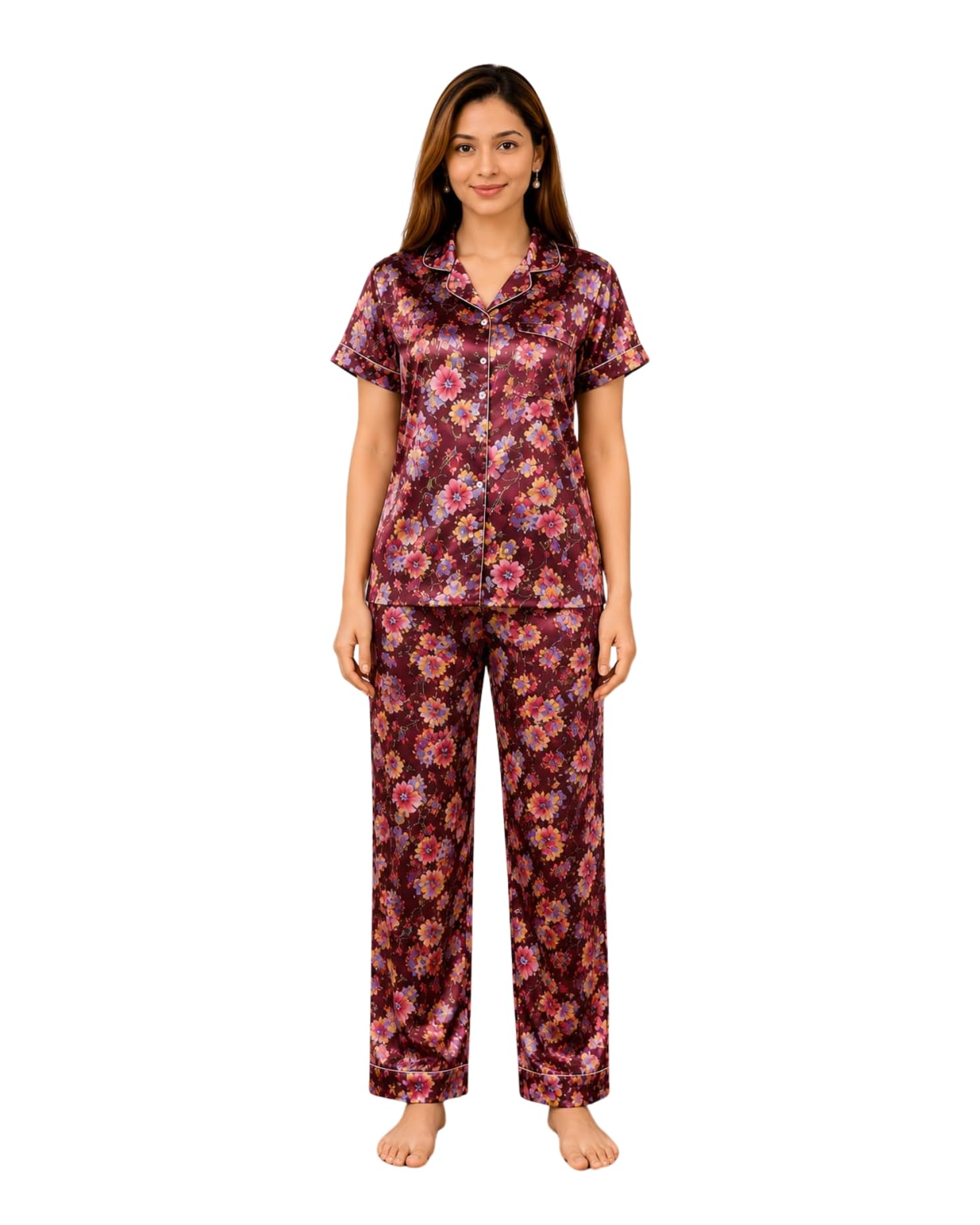 Women's Premium Satin Night Suit Set | Floral Printed Half Sleeve Button-Down Sleepwear with 1 Pocket & Contrast Piping | Soft Satin Nightwear Pajama Set-picture-27