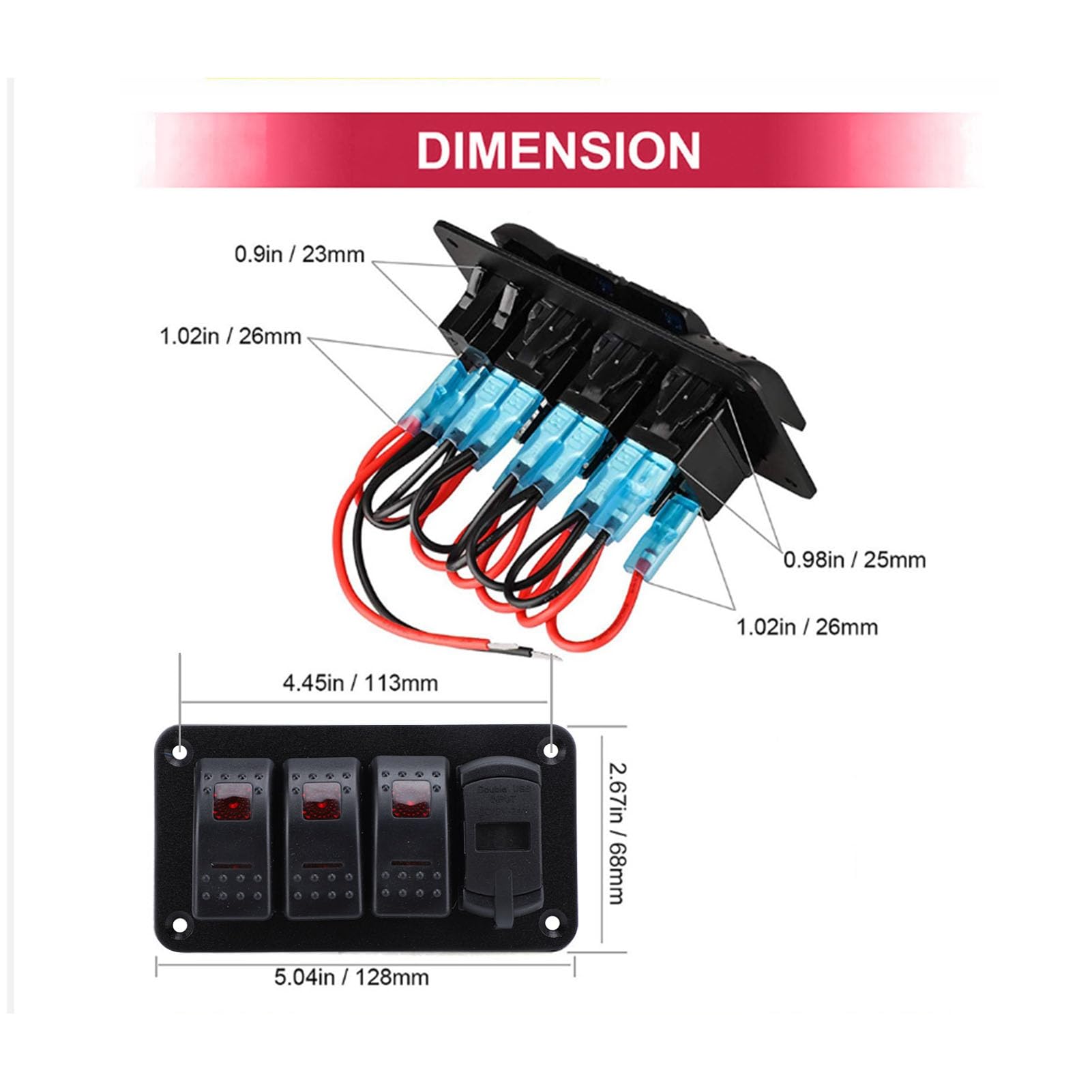 Akozon 3 Gang Rocker Switch Aluminiowy Panel, Morska Ciężarówka łodzi Podwójna ładowarka USB Voltmeter 12V 24 V z Nocnymi Naklejkami, Przykrywki Wodne Niebieska (Czerwone światło)