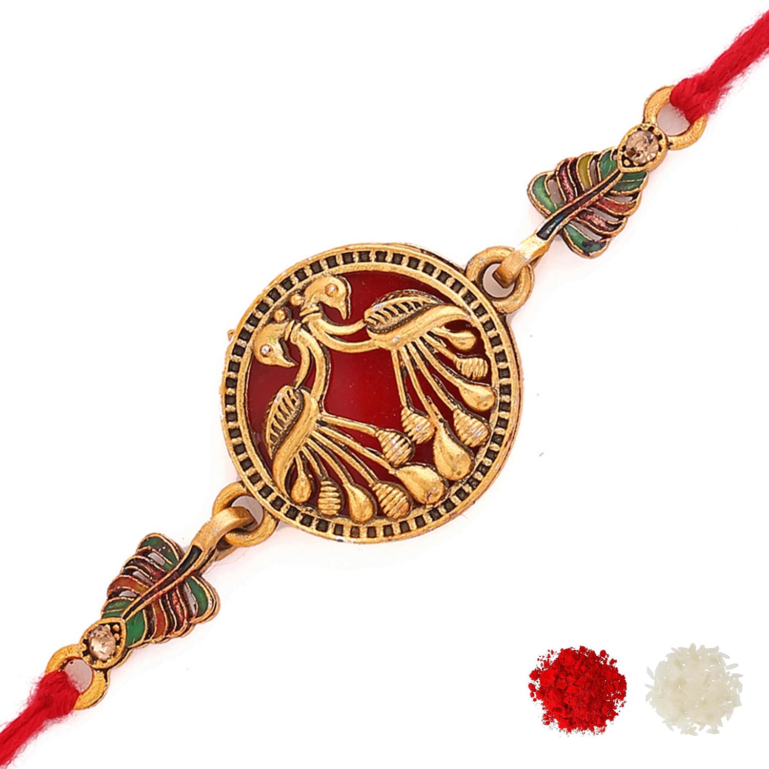 voylla Designer Gold Toned Peacock Rakhi with Roli Chaawal Pack-picture-33