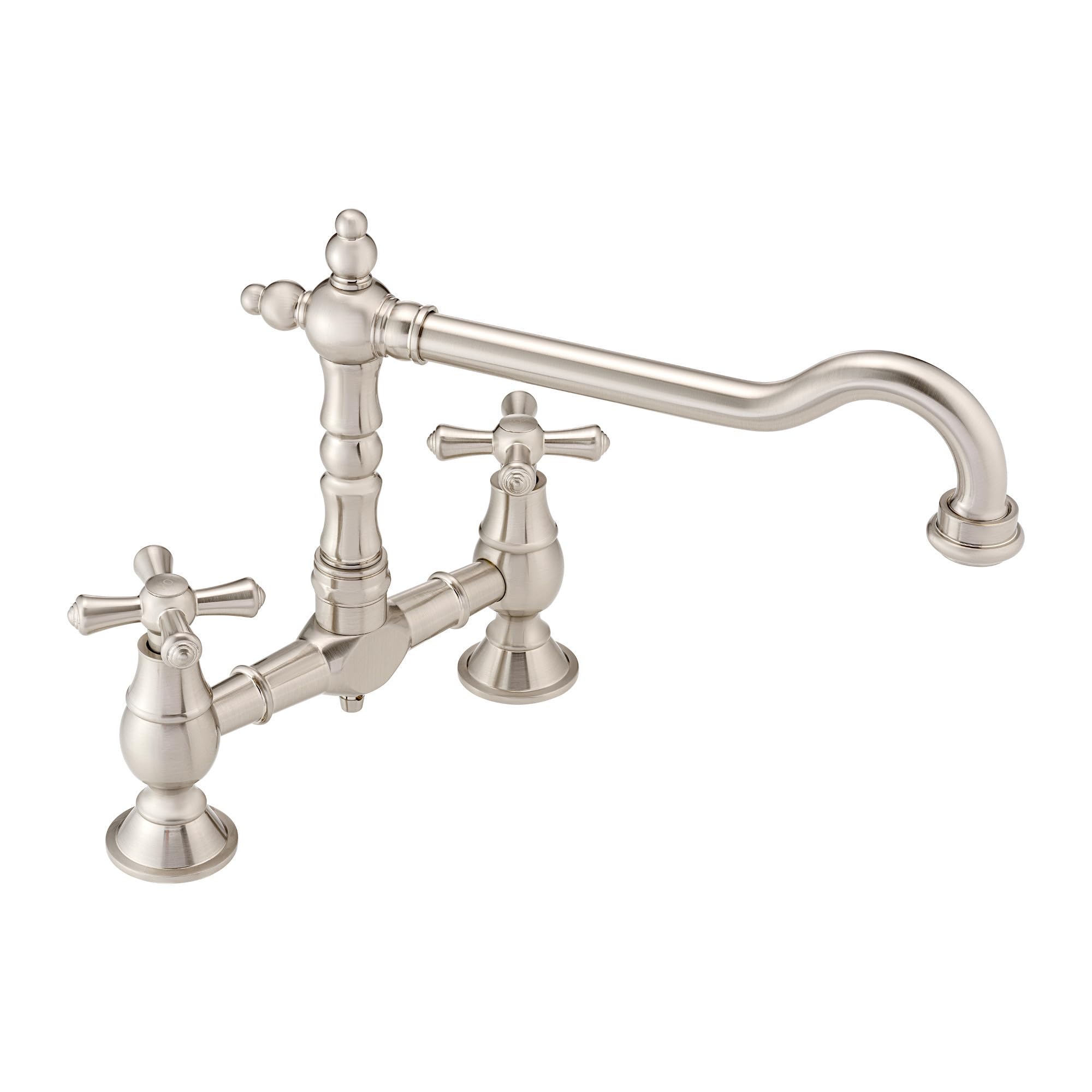 Enki Brushed Nickel Langley, Kt115, Traditional Bridge Kitchen Sink Mixer Tap For Basin, Brass Construction, With Twin Levers & Swivel Spout Perfect For Double Bowl Sinks, Drip Free Ceramic Valve