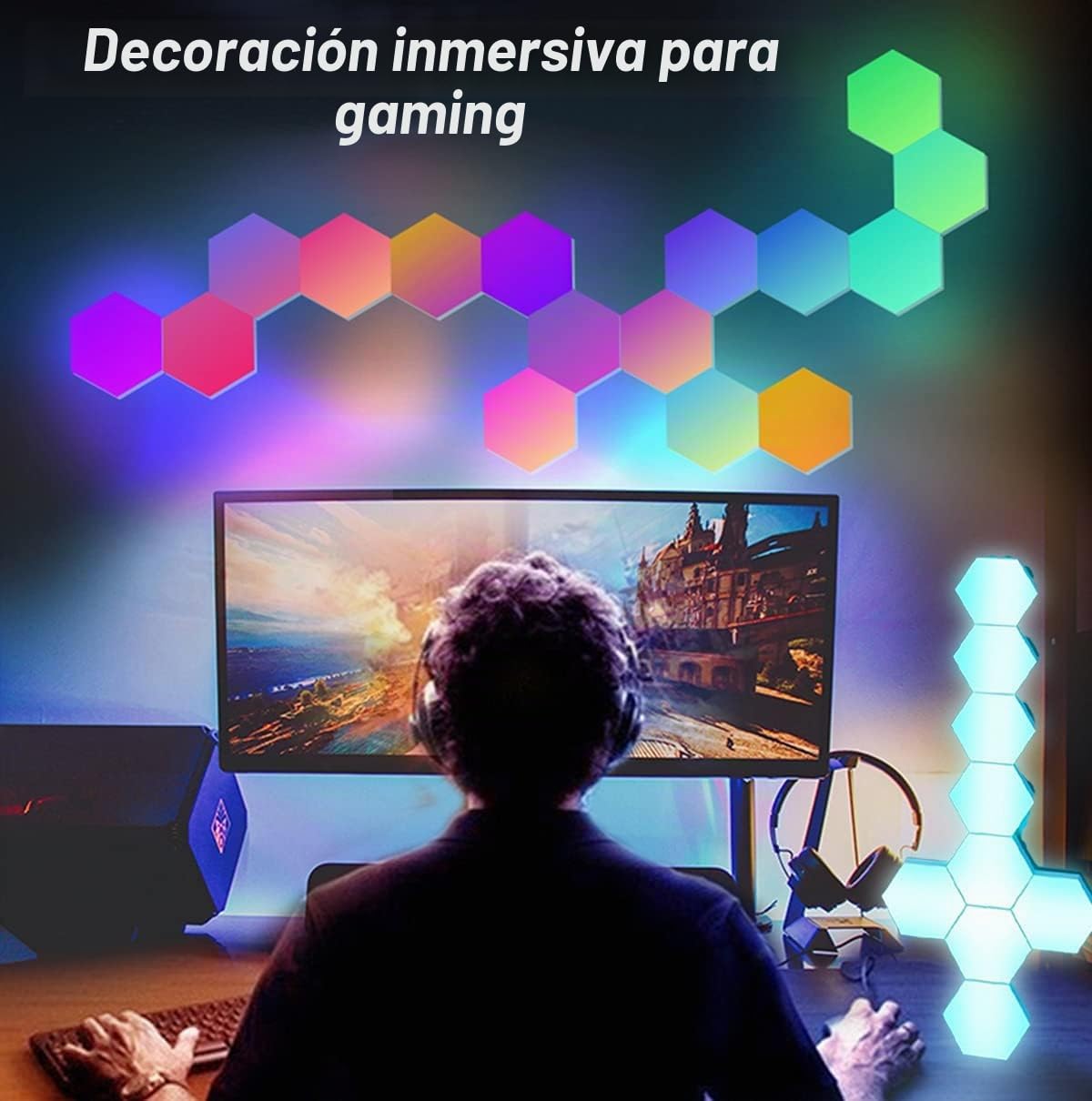 Paneles LED Hexagonal con Control Remoto,Luces LED Pared Control Táctil RGB Neon Pared Inteligentes Luz Nocturna,Panel LED de Empalme de Geometría Bricolaje para Dormitorio/Sala/Fiesta, Paquete de 7
