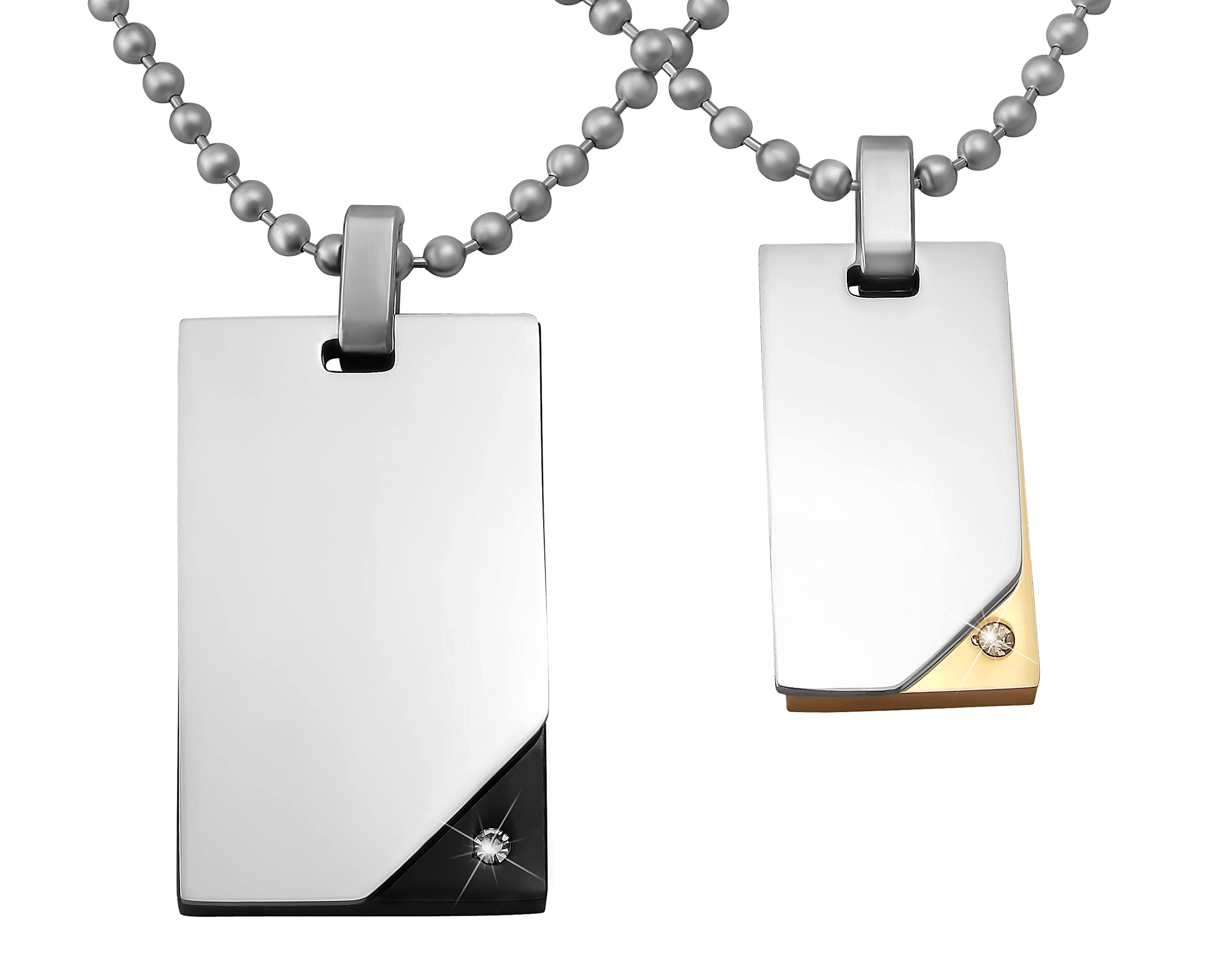 2 Stück Personalisierte Kette mit Gravur Edelstahl 50 und 60 cm mit Anhänger Dog Tag mit Stein in silber schwarz gold - Personalisierte Geschenke für Damen Herren Freundin Freund