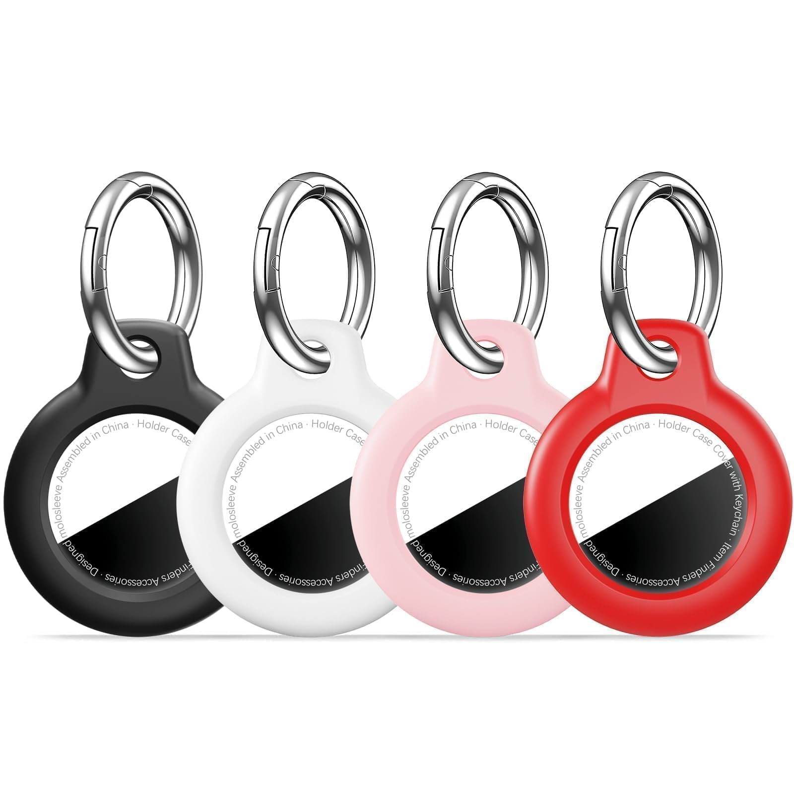 MOLOSLEEVE [4 Pack Case for AirTag 2nd Gen (2026) &amp; 1st Gen, Holder Anti-Scratch Protective Cover for Air Tags, Men's Women's Keyrings &amp; Keychains for Keys, Luggage, Black/White/Pink/Red