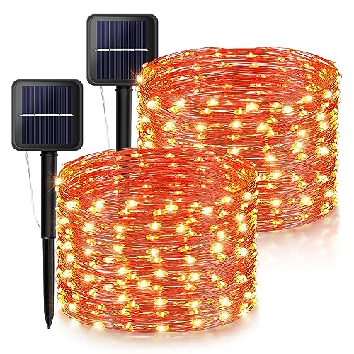 Woohaha Solar Halloween Lights, 2×33ft 100-LED Orange String, 8 Modes