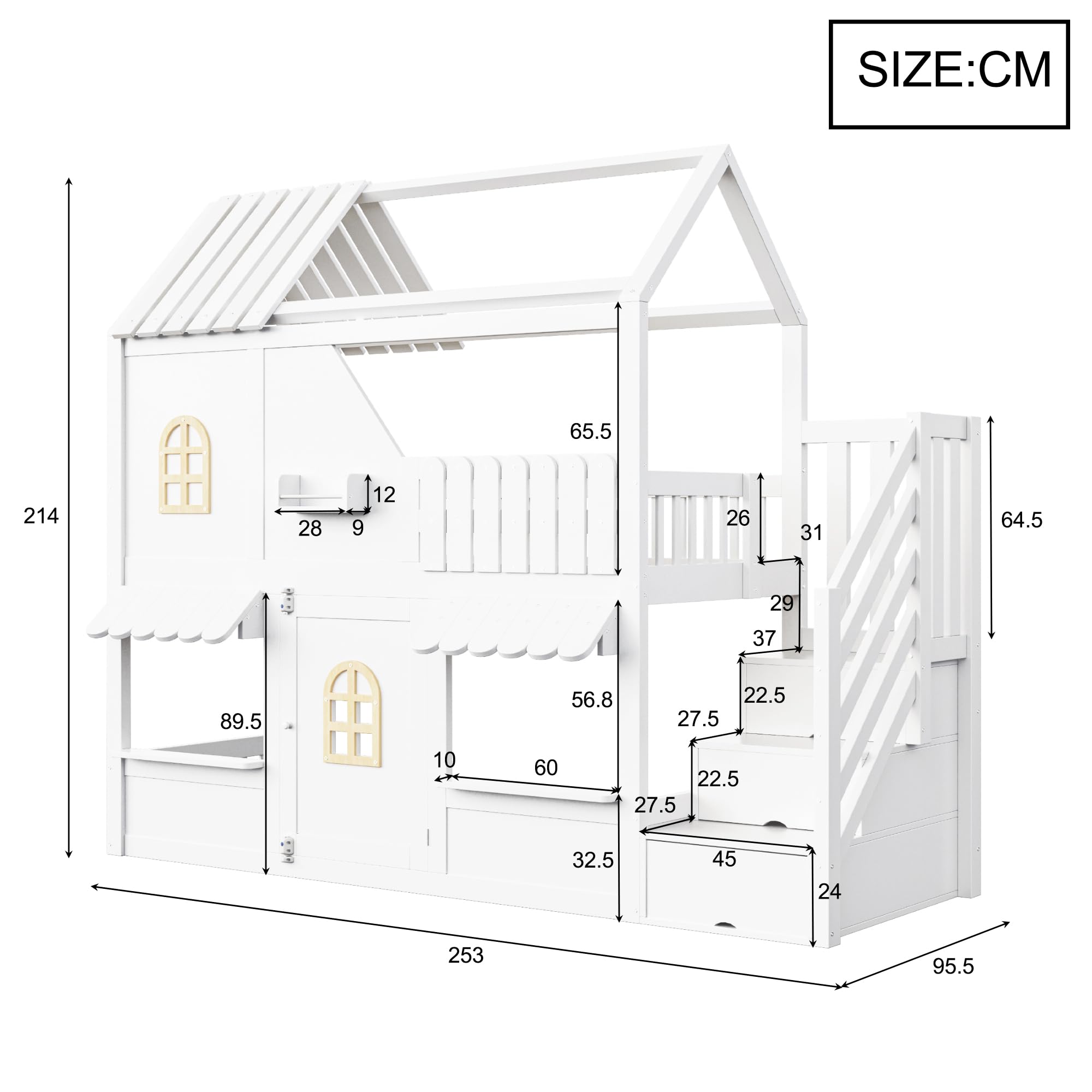 Litera infantil de 90 x 200 cm, color blanco, diseño en forma de casa con ventanas, techo, barandilla y puerta, escalera de almacenamiento y estantes, sin colchón