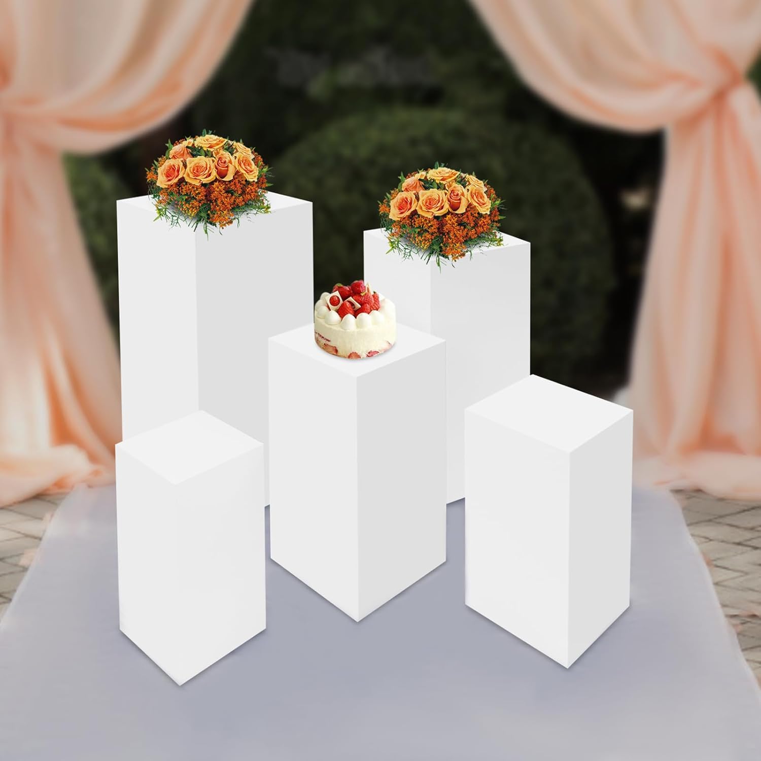 5 Pcs White Pedestal Stands, Metal Square Pedestal Stand, Flower Display Rack Dessert Table Cube, Display Column Decoration Cube Cylinder Stands for Party Wedding Ceremony Birthday