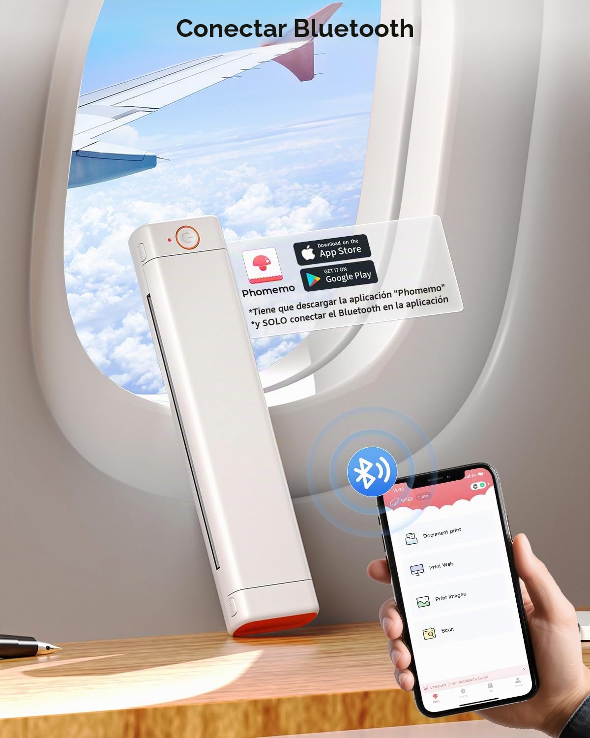 Phomemo M08F Impresora Térmica Portátil, Impresora Térmica Compatible con Smartphone vía Bluetooth, PC vía Cable USB, Impresora de Viaje Soporta Papel Térmico A4, Blanco Naranja