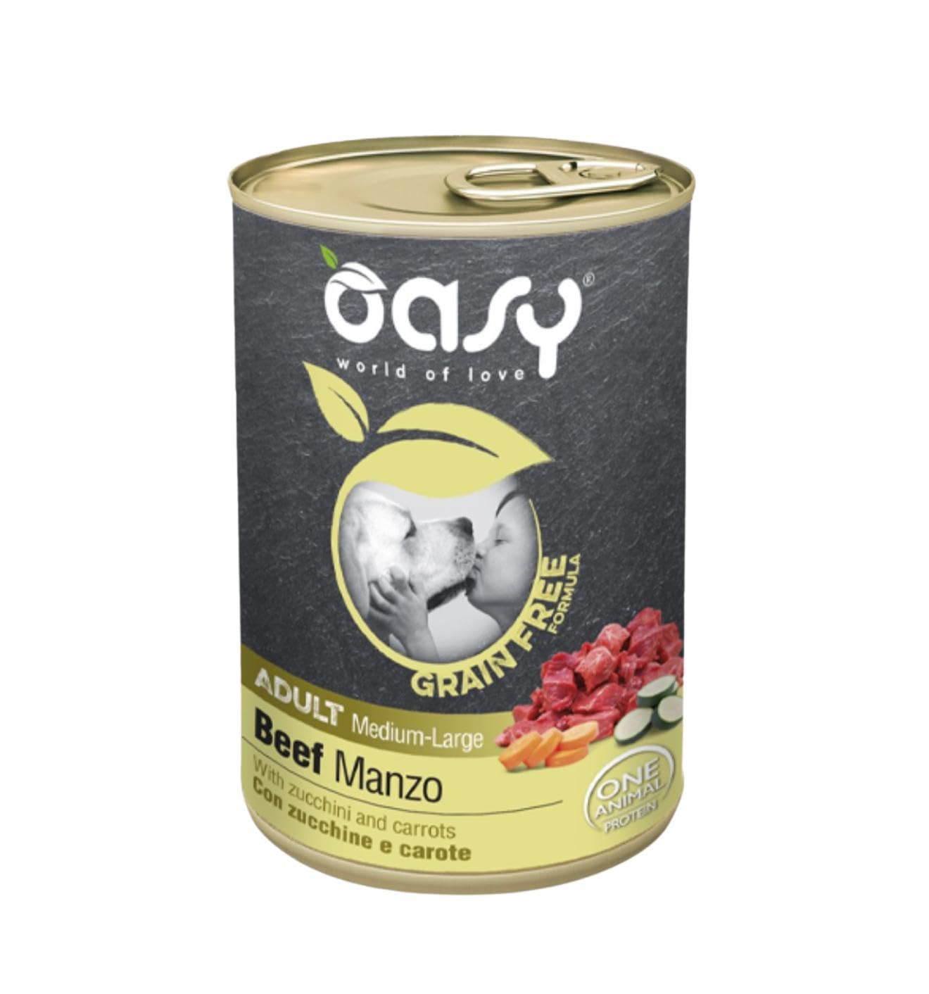 Oasy umido cane adulto grainfree, alimento completo per cani adulti di taglia media e grande (medium) gusto MANZO | 6 scatolette da 400 grammi l’una.