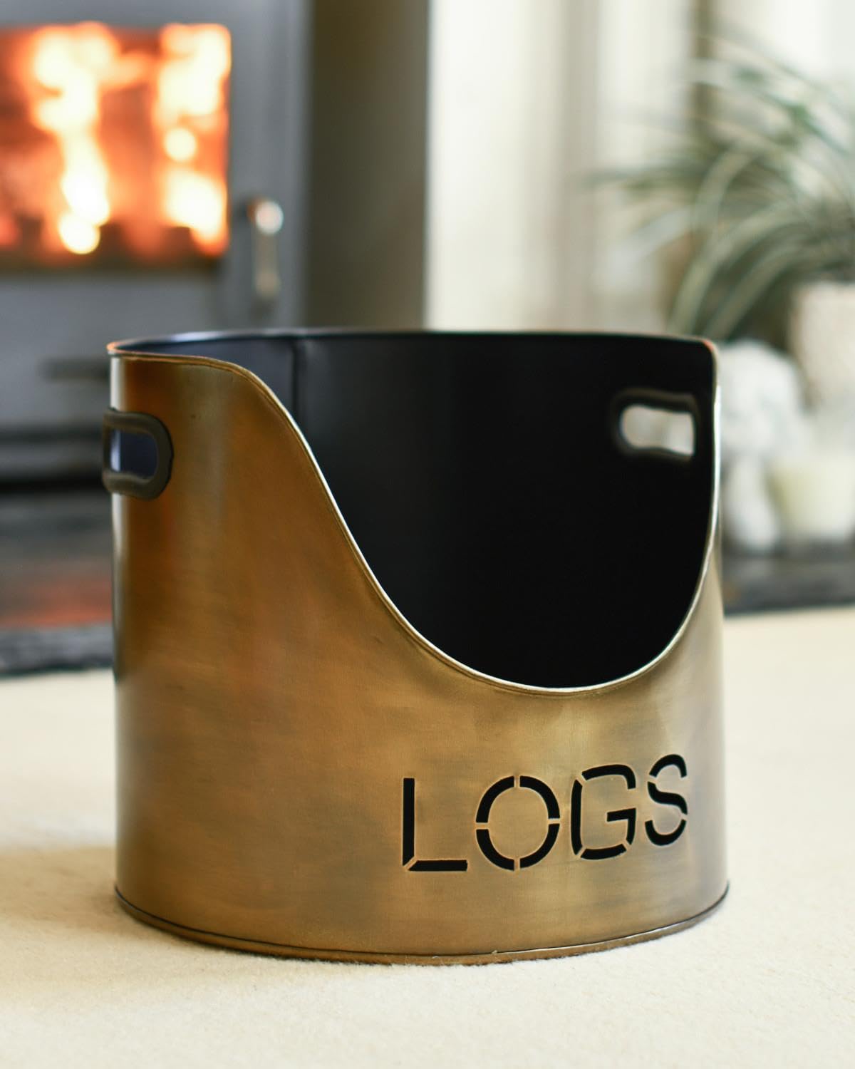 Set of Two 'LOGS' and 'KINDLING' Buckets - Antique Brushed Gold Fireside Log Holder Firewood Store Rack Stylish and Durable Heavy Duty Metal Fireplace Accessory Home Wood Storage