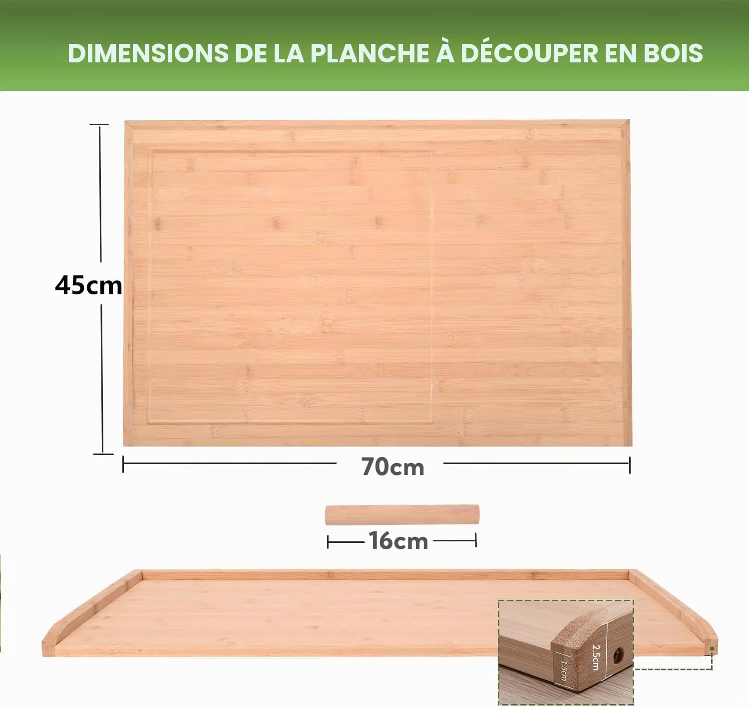 Planche à découper en bois extra large 70 x 45 x 2,5 cm - Planche à découper réversible pour cuisine - Grand plateau à découper avec rainure pour jus - Pour viande, légumes, fromages, pain