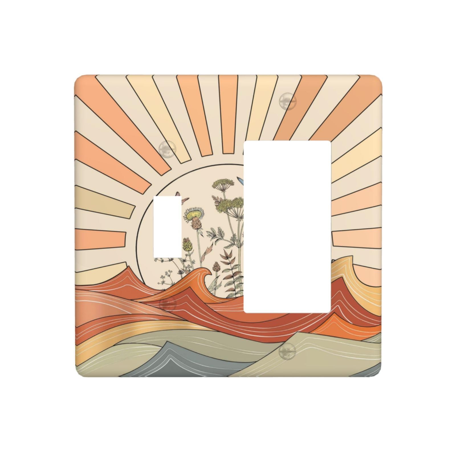 Boho Sun Abstract Colorful Wave Wildflower Butterfly 2 Gang Artistic Light Switch Cover Decorative Combination Toggle Rocker/Decora Wall Plate Electrical Switchplate Faceplate for Country Bathroom