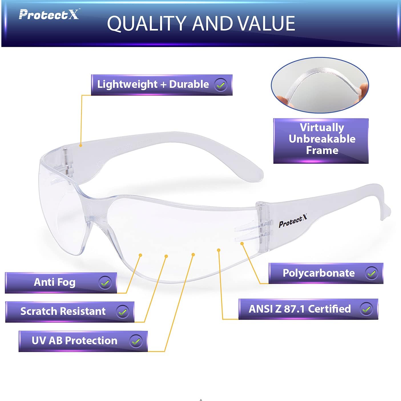ProtectX Gafas de seguridad de policarbonato resistente a los impactos, lentes antiniebla, protección UV ANSI Z87.1, paquete de 12 (transparente)