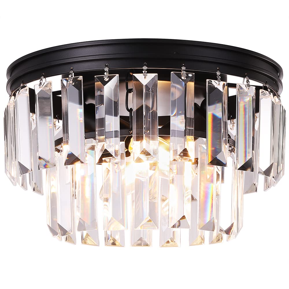 TOCHIC Small 11inch Black Crystal Chandelier, Droplet Crystal Modern Flush Mount Light for Dinning Room, Hallway, Living Room, Restroom, Bedroom