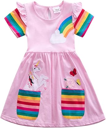 Toddler Cotton Girl Summer Short Sleeve Dress Rainbow Pony Cartoon for Girls 3-7 Years