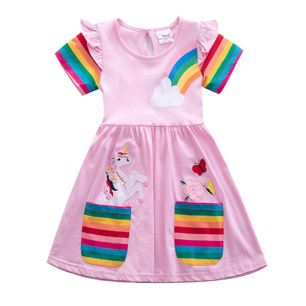 JUXINSUToddler Cotton Girl Summer Short Sleeve Dress Rainbow Pony Cartoon for Girls 3-7 Years