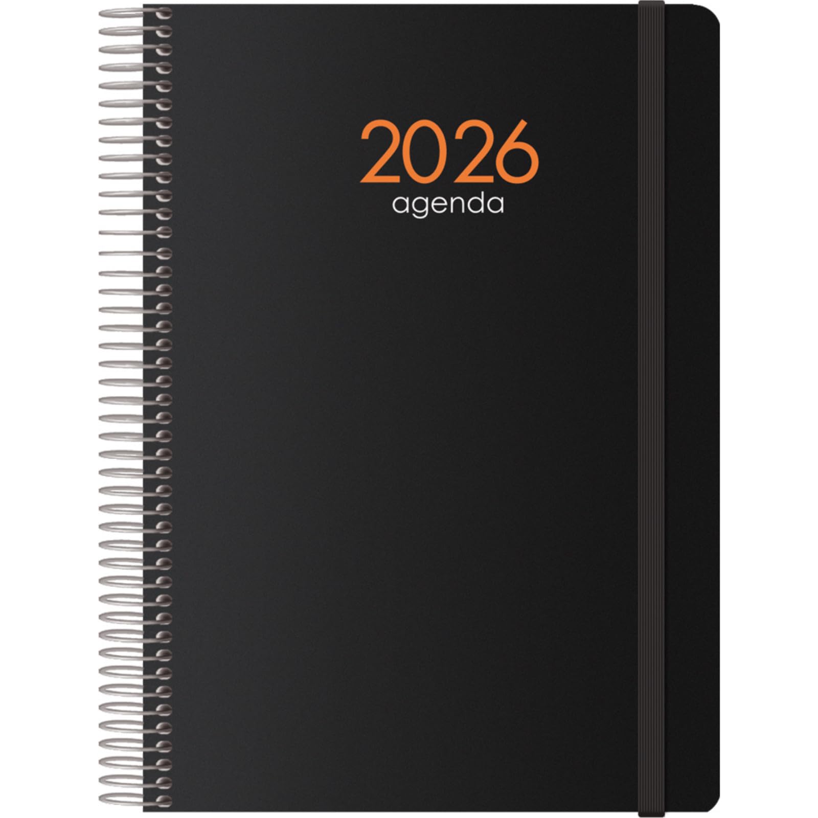 Dohe - Agenda 2026 - Tagesansicht, Größe A5 (15x21 cm), Flexibles Cover, Spiralbindung und Gummiband, 12 Monate Januar bis Dezember, Jahresplaner auf Spanisch - Syncro Schwarz