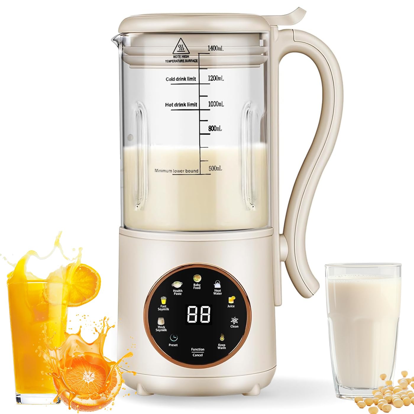 Automatischer Sojamilchbereiter, 1400 ml, mit 12-Stunden-Reservierung, Warmhalten & Wärme, Nussmilchmaschine für hausgemachte Hafermilch, Saft, Mandeln, Sojabohnen