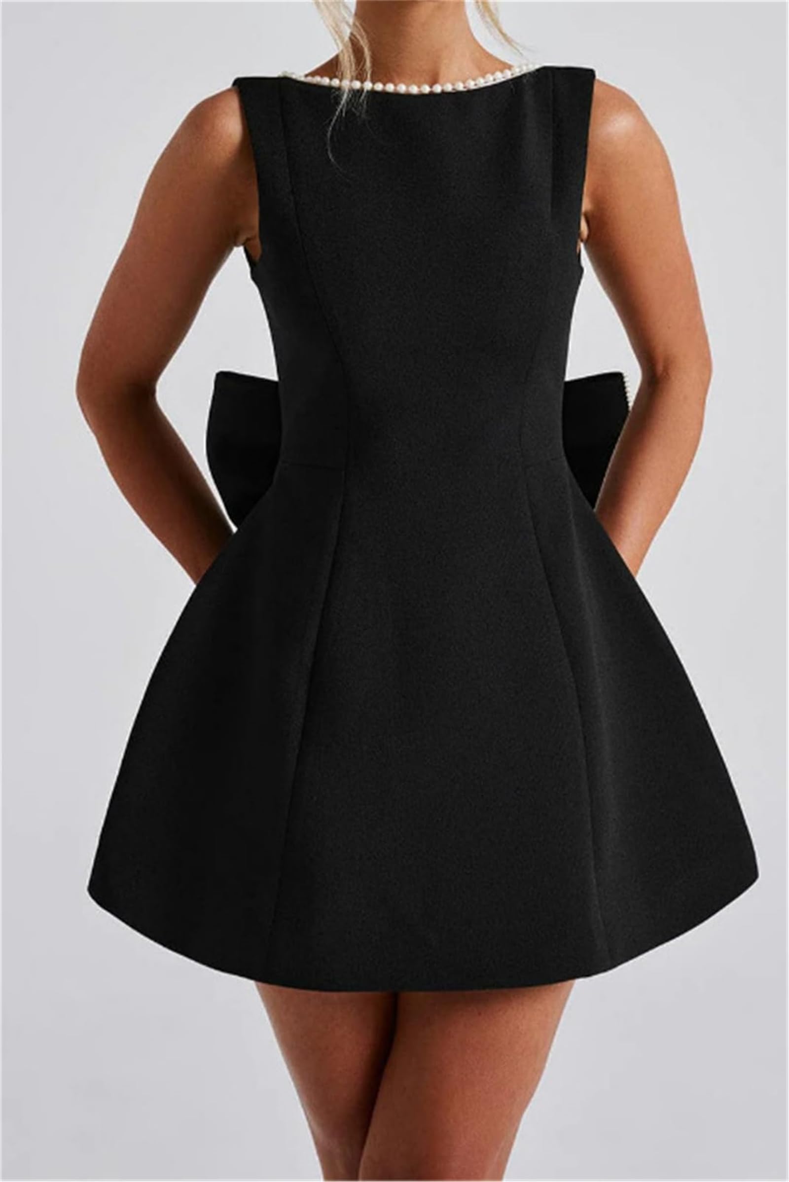 Vestido de verano para mujer, sin mangas, con lazo, perla, corto, sexy, delgado, sin mangas, espalda abierta, mini vestidos formales