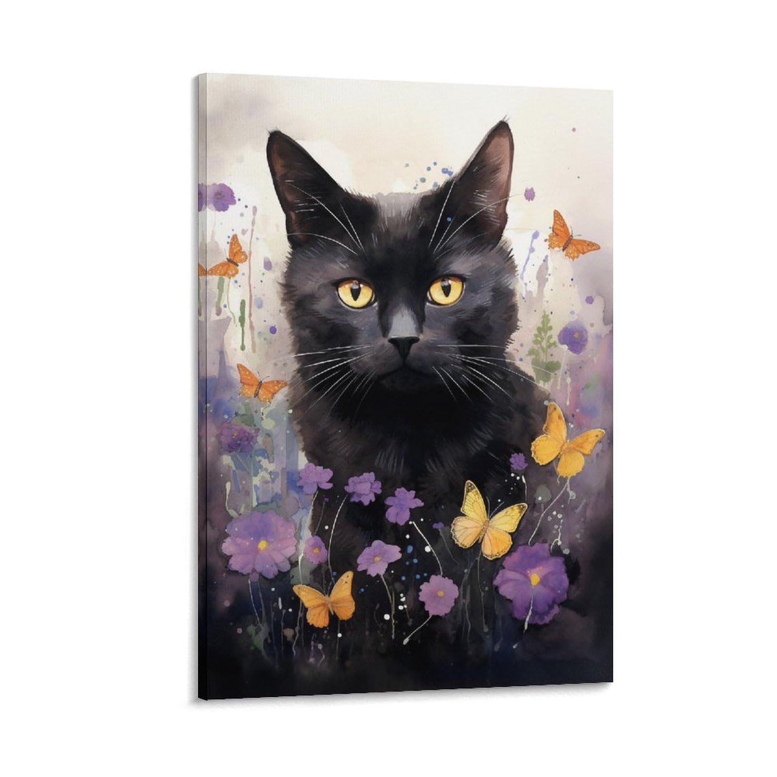 FOCCAR Beautiful Kitten Canvas Wall Art Modern Flower Black Cat Posters Wall Decor Painting Art for Home Room Artwork