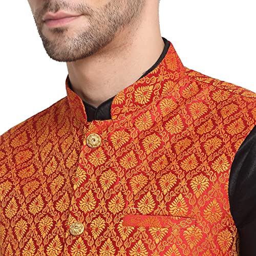Image of KRAFT INDIA Mens Gold Silk Blend Kurta and Churidar Set With Jacquard Paisley Nehru Jacket