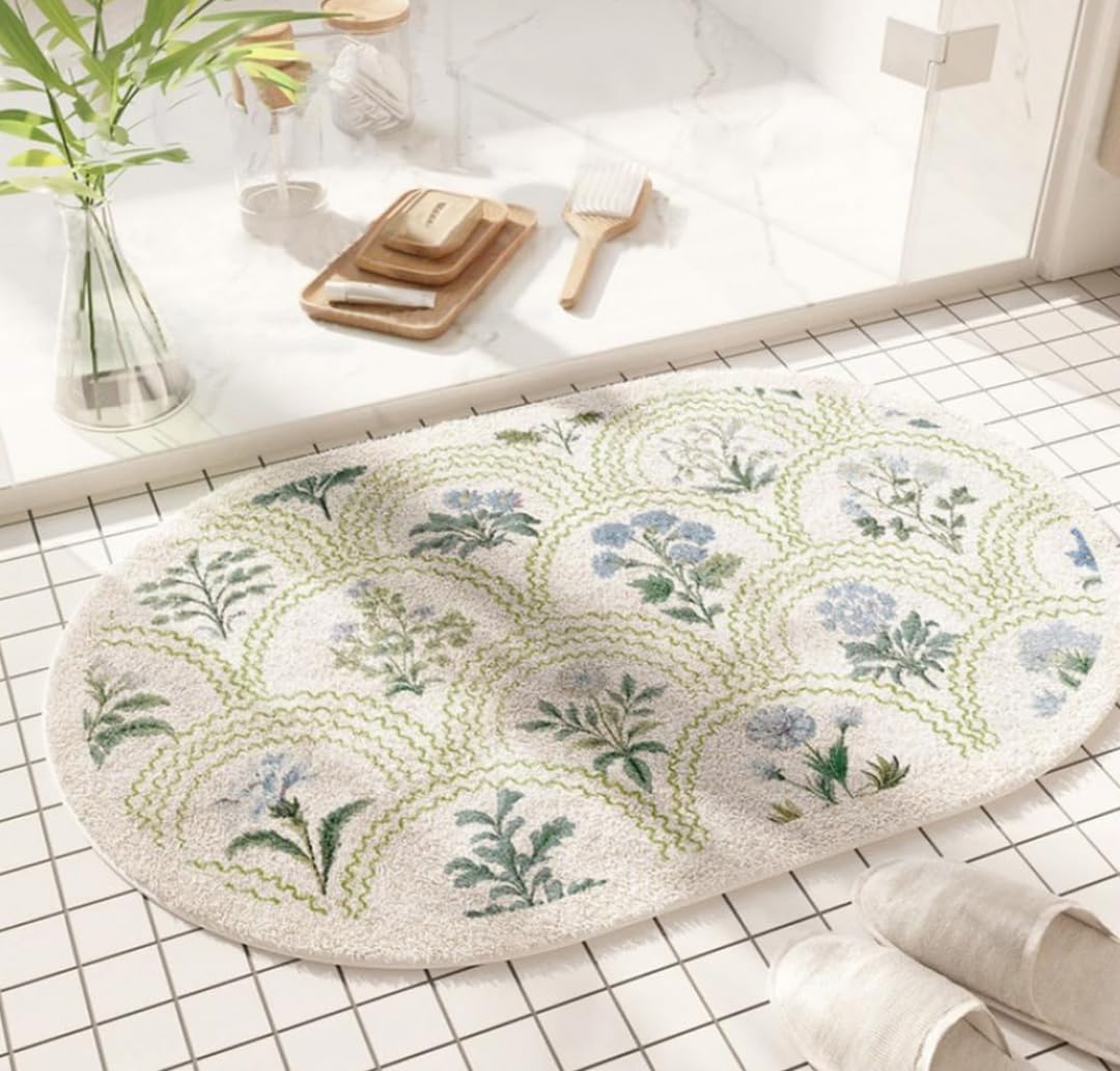 gdmgdr Spring Floral Bathroom Rug 32" x 20" Wild Flowers Bathroom Mat Boho Floral Bath Rug (Oval, Green)