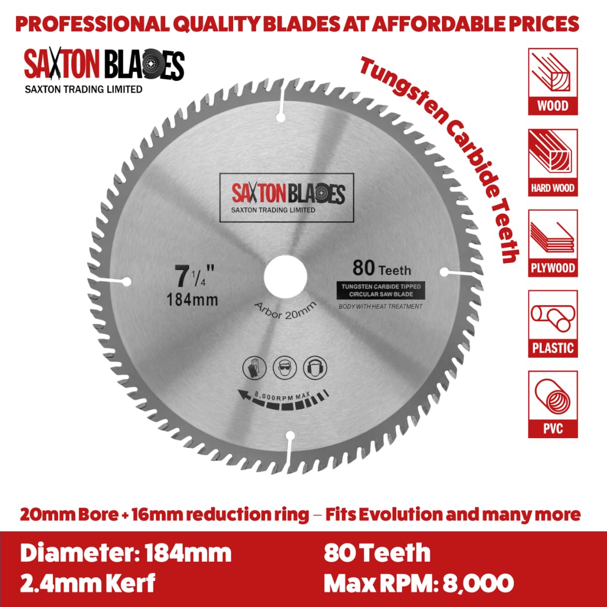 Saxton TCT - Lama circolare da 184 mm, C, foro 20 mm (anello da 16 mm), confezione da 3