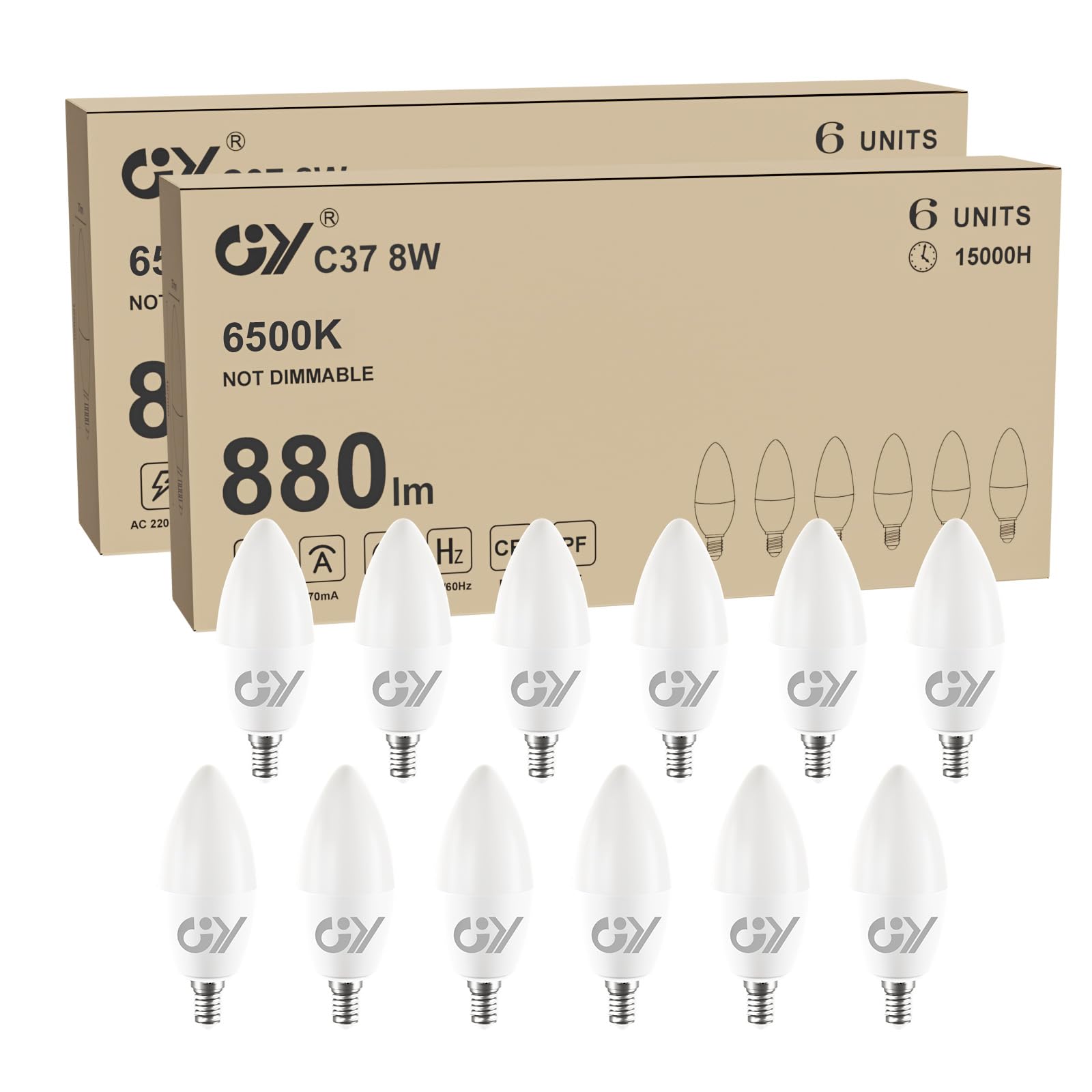 GY GY E14 LED Bulb Small Edison Screw SES Candle Energy Saving Bulb, 6500K Cool White 8W 880 Lumens, Equivalent to 80W, 280° Beam Angle Non-Dimmable, Pack of 12