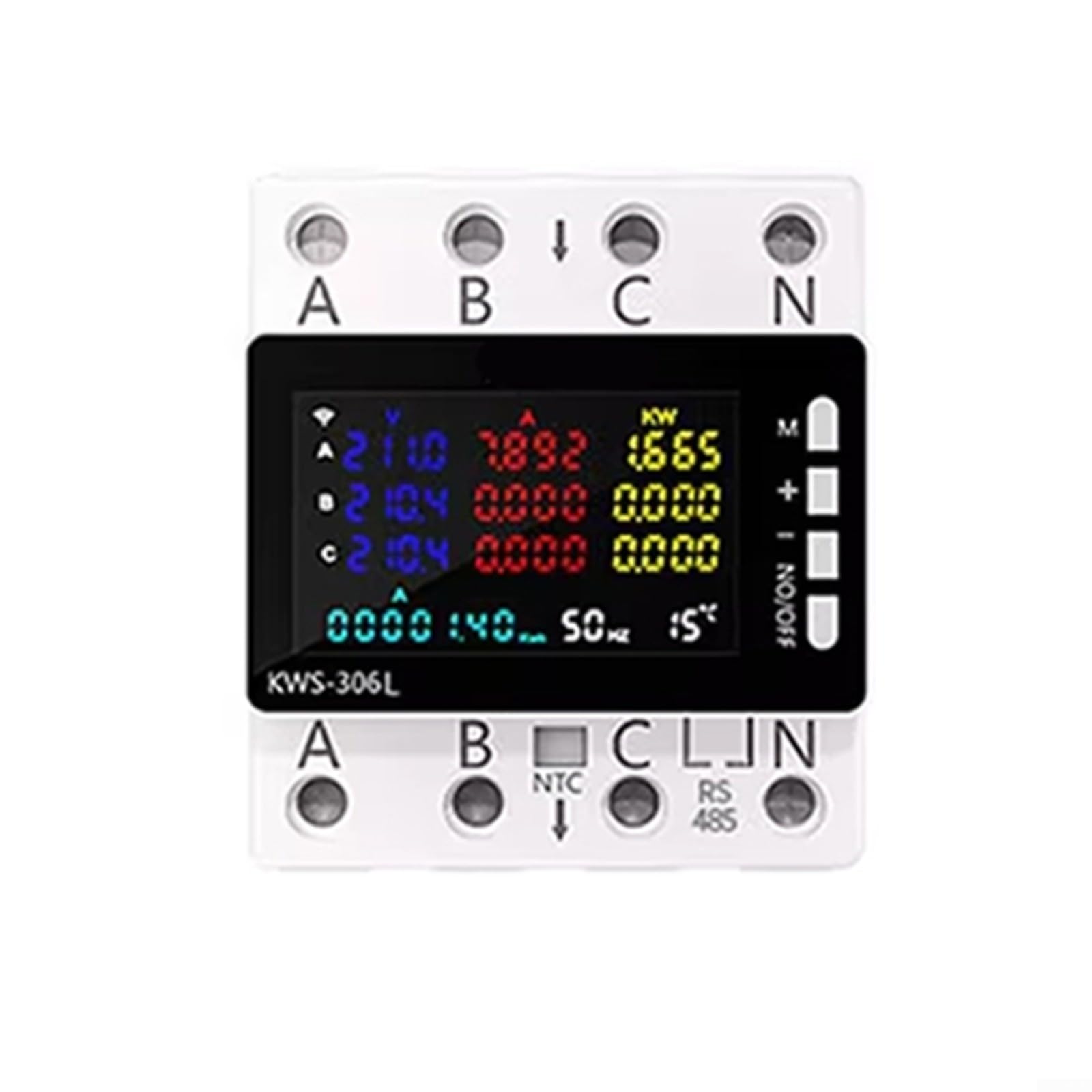 Contador trifásico KWS-306 con gran pantalla LCD VA, rango de voltaje CA 85-290 V, rango de corriente 0-80 A, potencia de 0-23 kW, instalación de línea sin tornillos, memoria en caso de fallo de