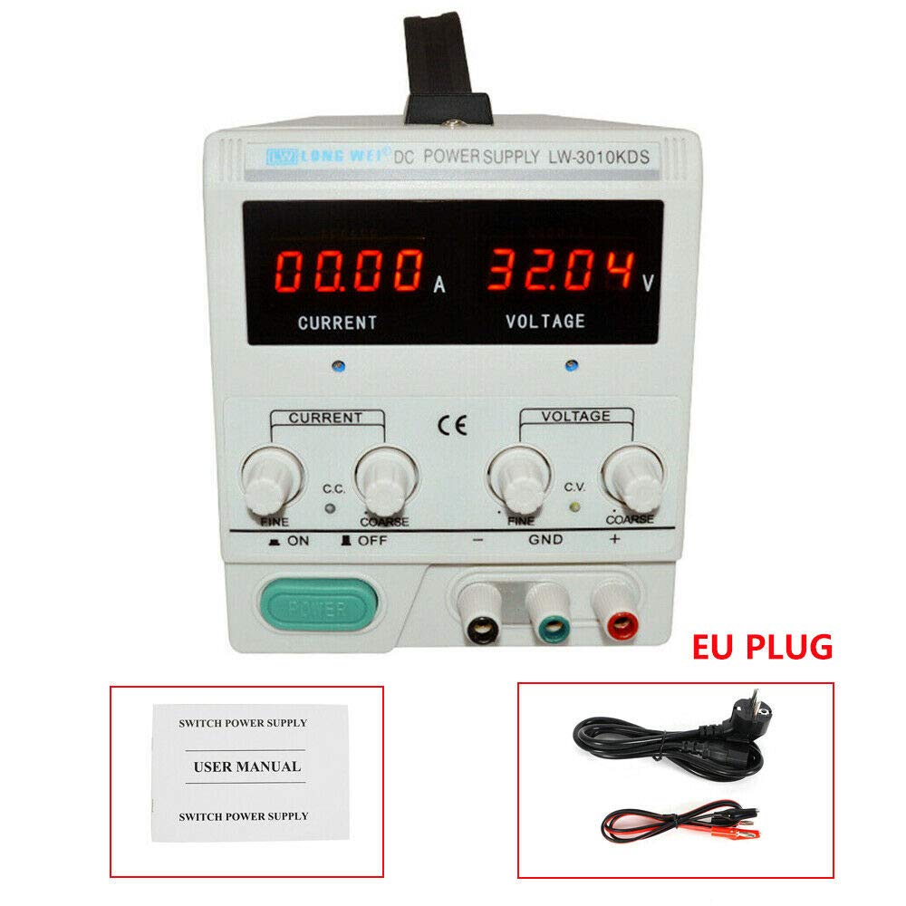 Fuente de alimentación para laboratorio, 0-30 V, 0-10 A, transformador CC, regulable, 4 indicadores digitales LED, resistente a sobrecarga y cortocircuito