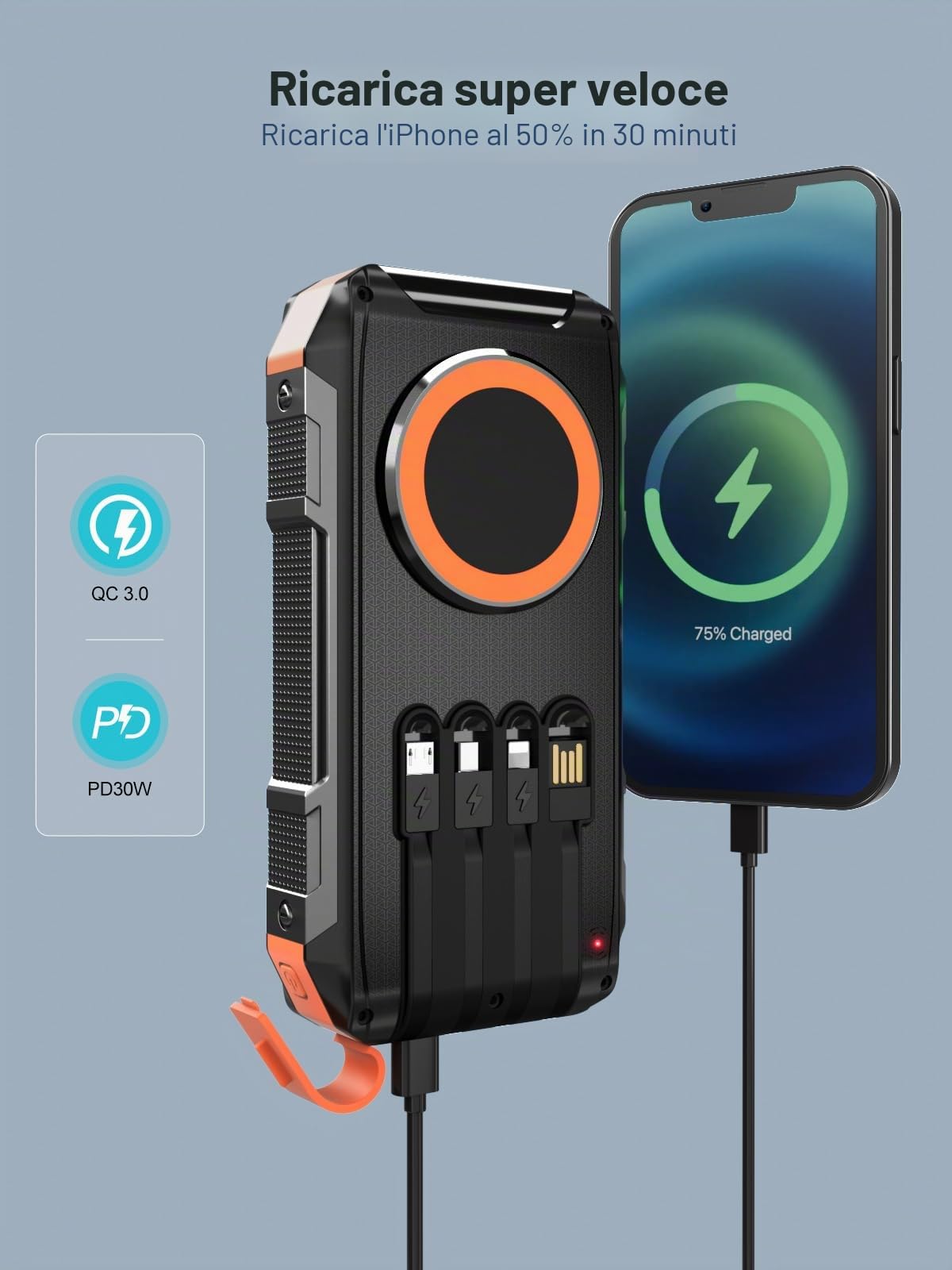 26800mAh Solar Power Bank con 4 cavi, power bank magnetico senza fili | ricarica rapida, 30W, USB C, caricatore portatile 7 uscite, batteria esterna con torcia per attività all'aperto, campeggio