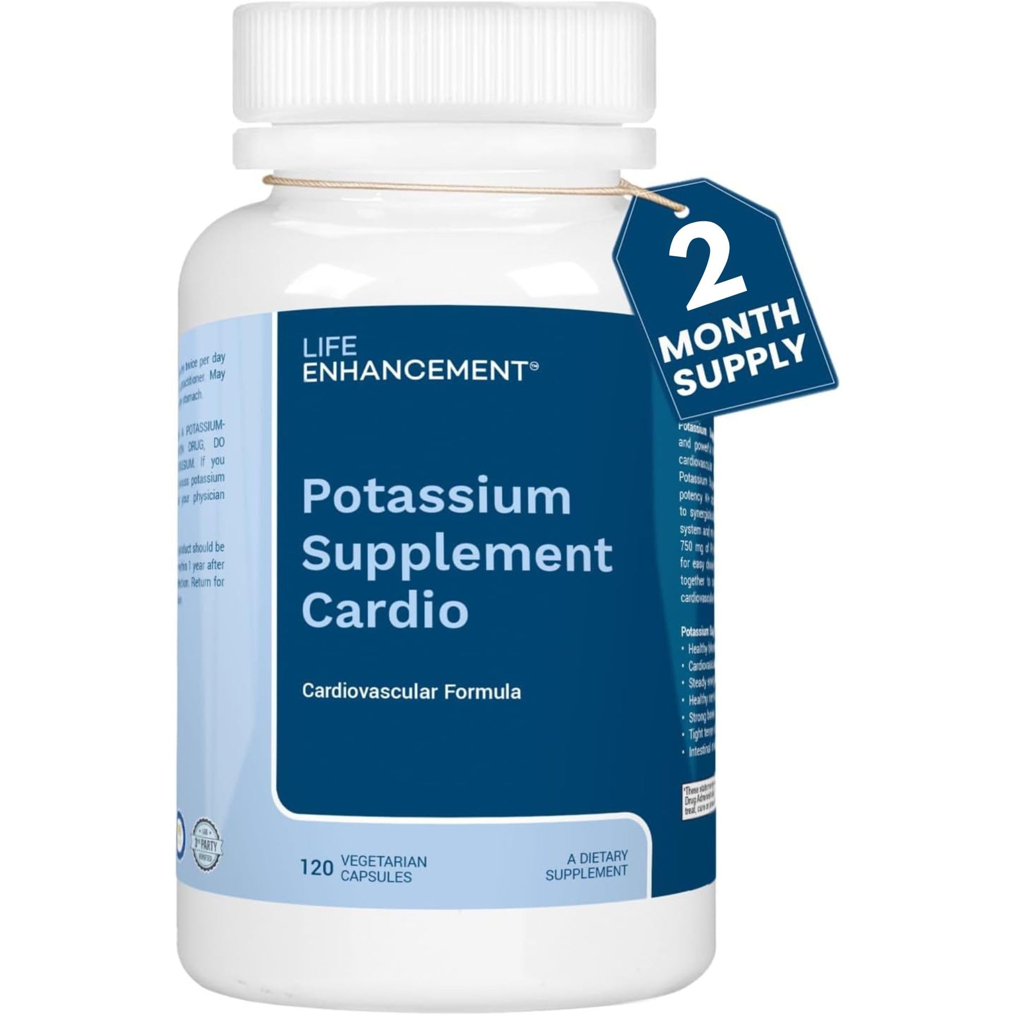 Life Enhancement High Potency Potassium Supplement Cardio - Supports & Optimizes Cardiovascular Health - Synergestic Formula, 750mg Potassium, 500mg Taurine - Made in USA (120 Capsules – 60 Servings)