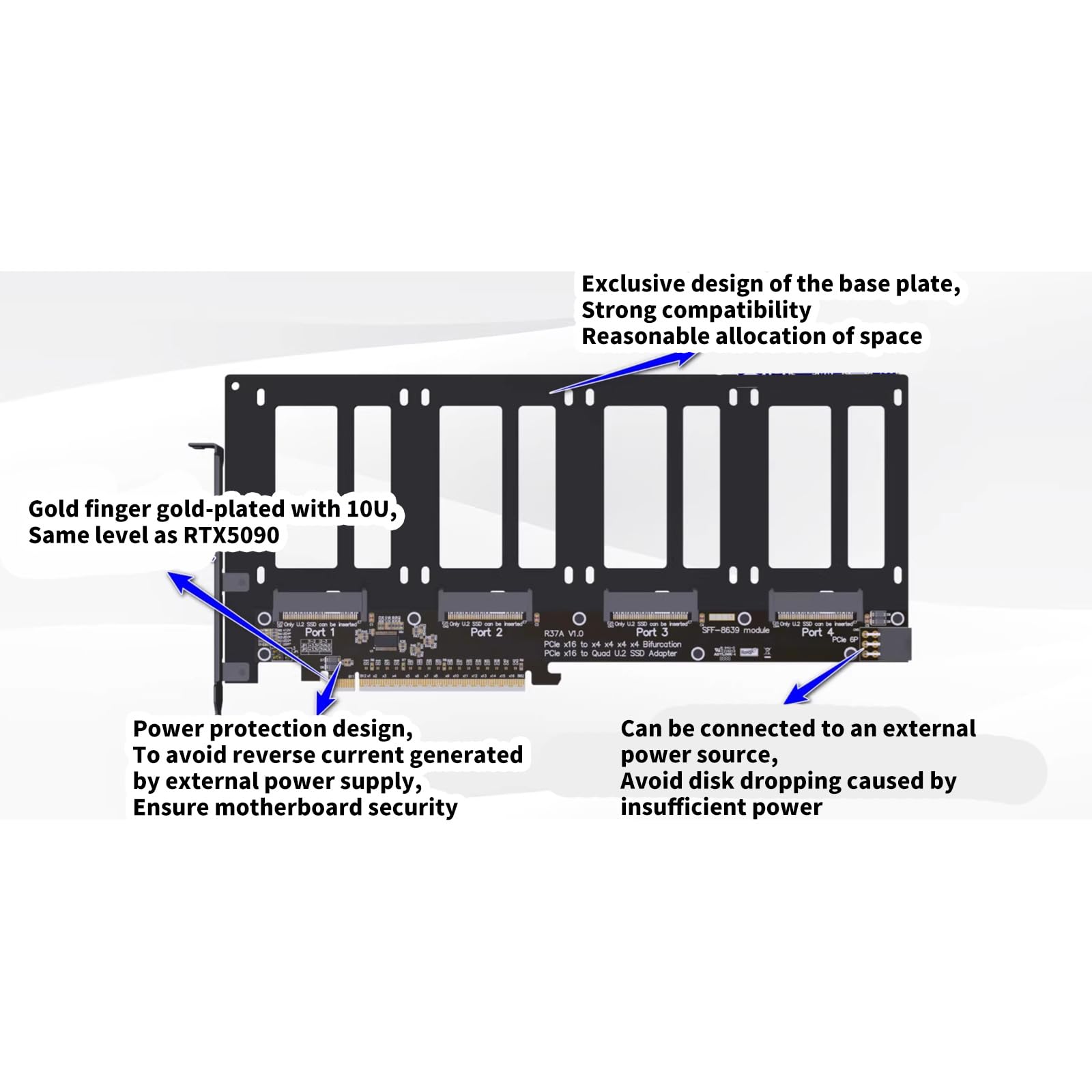 PCIe 5.0 X16 a 4 puertos Bifurcation Splitter tarjeta adaptadora, R37A