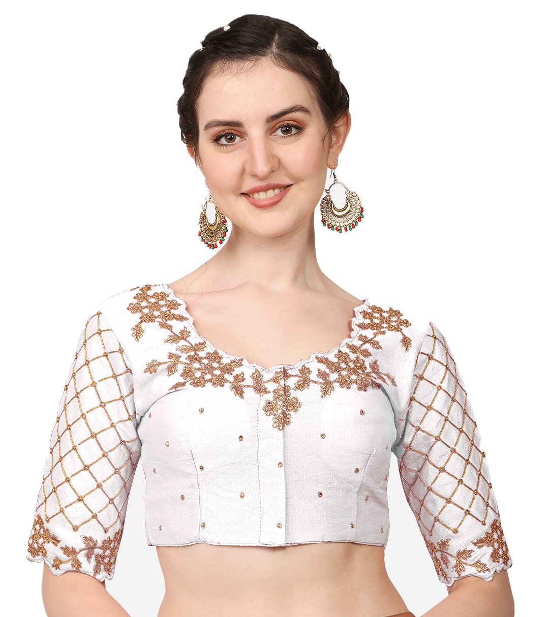 Pujia Mills Women's Embroidery Handwork, Rough Cut Work Stone Work Readymade Blouse (32, White)