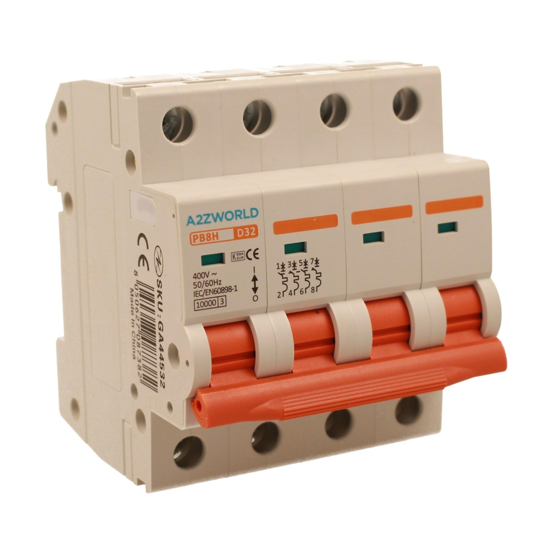 Interruptor magnetotérmico trifásico 4P 32A D32, curva D 10kA, 4 módulos DIN 380 V AC, certificado IEC60898-1, serie PB8H profesional