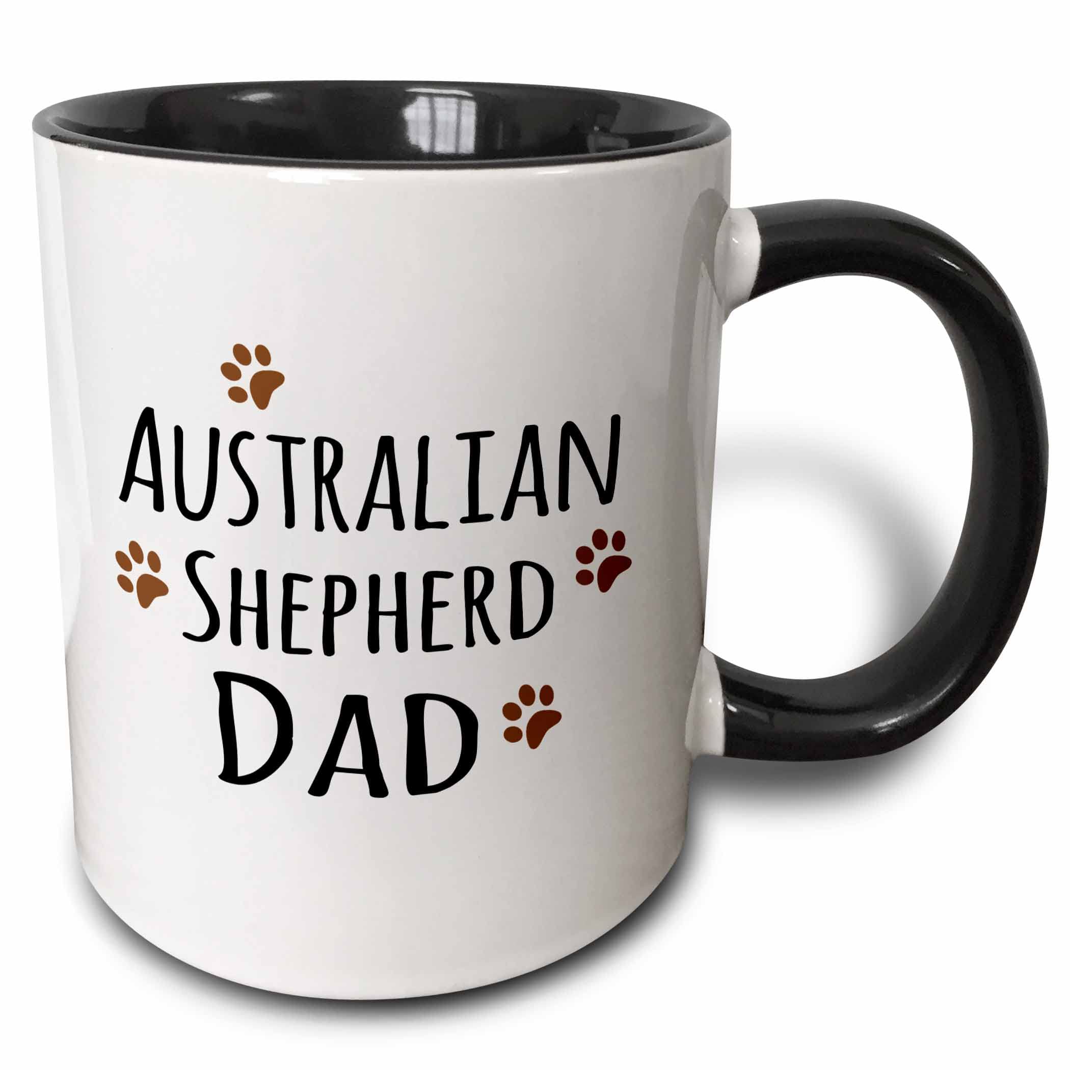 3dRose Australian Shepherd Dog Dad - Doggie by breed muddy brown paw prints doggy lover love pet owner 15oz Two-Tone Black Mug