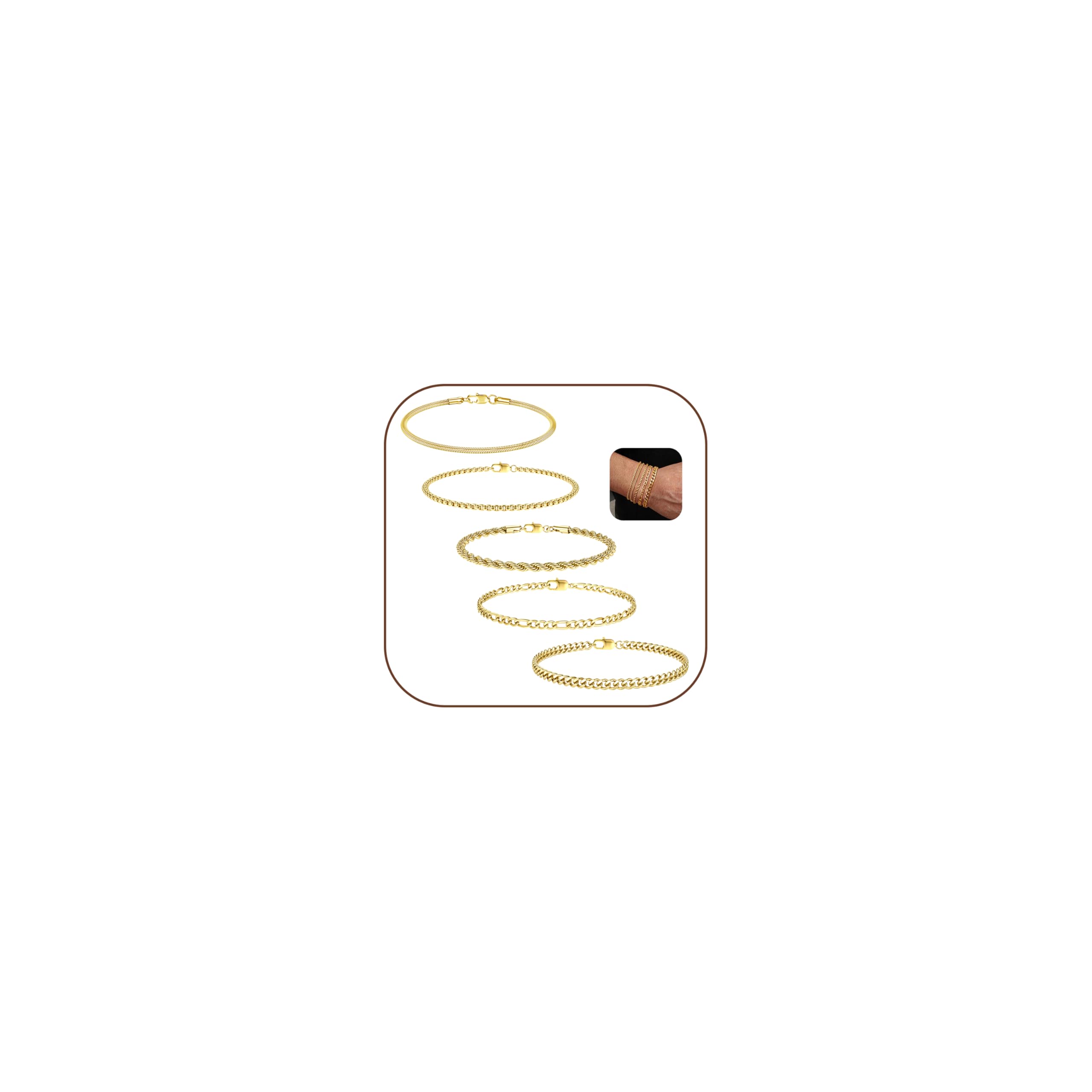 LOLIAS 5 Piezas Pulseras Plata Dorada Hombres Pulseras Acero Inoxidable Hombres Cuerda eslabón Conjunto Pulseras Cadena Figaro para Mujeres Regalo joyería Hombres Él Padre Novio Marido